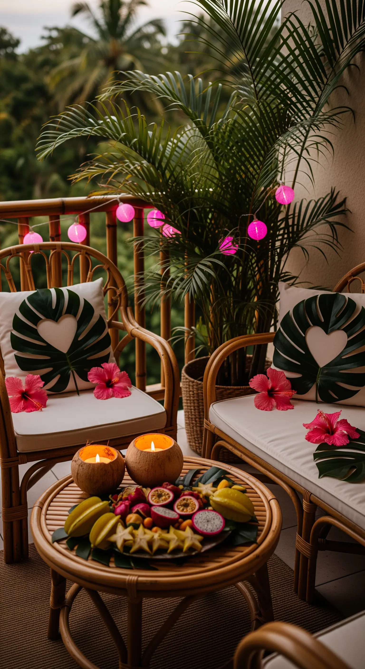 Tropische Balkon-Deko mit Rattanmöbeln, Palmen, pinken Lichtern und exotischen Früchten.