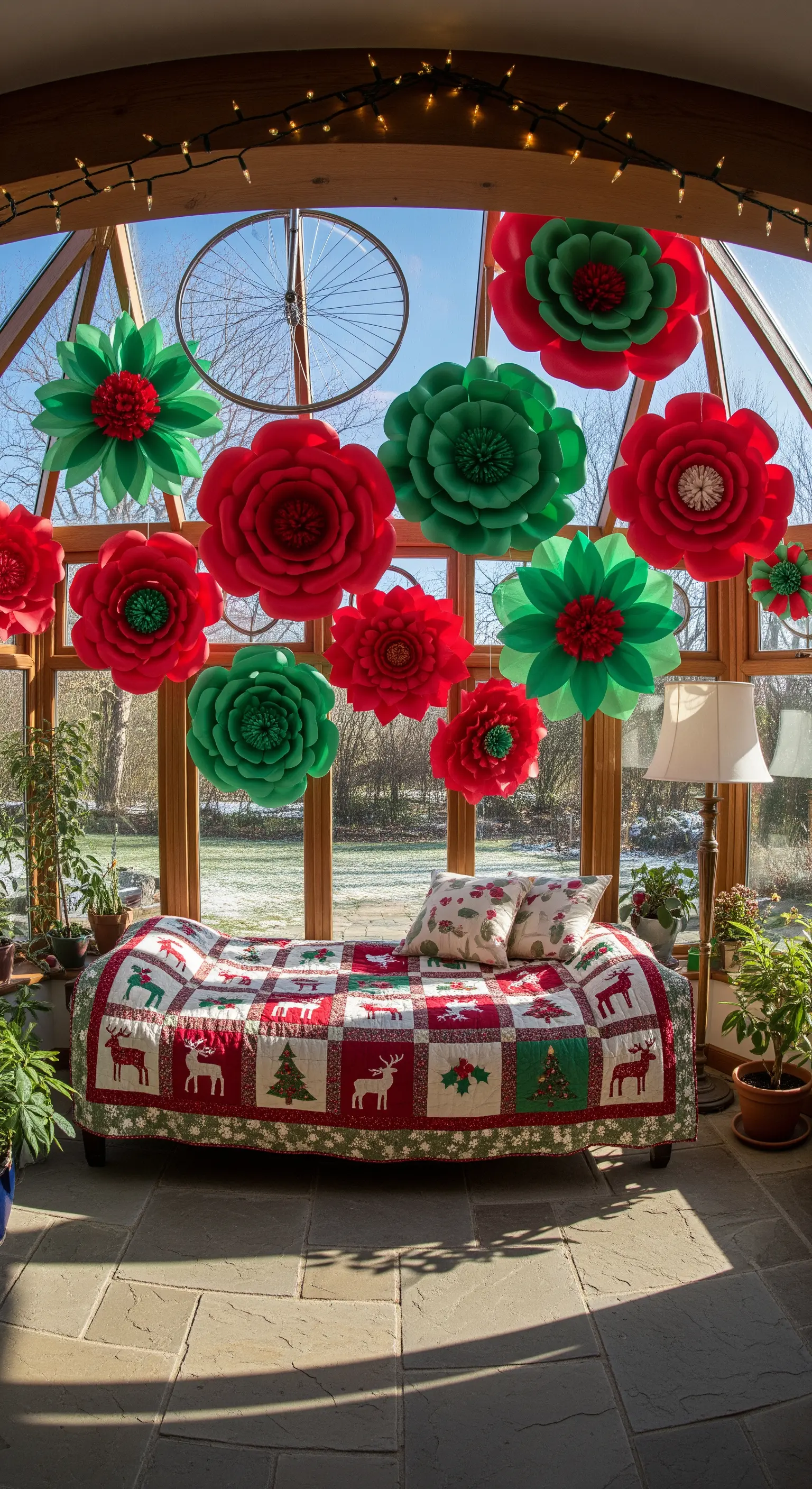 Wintergarten mit großen roten und grünen Papierblumen, Weihnachtsdecke