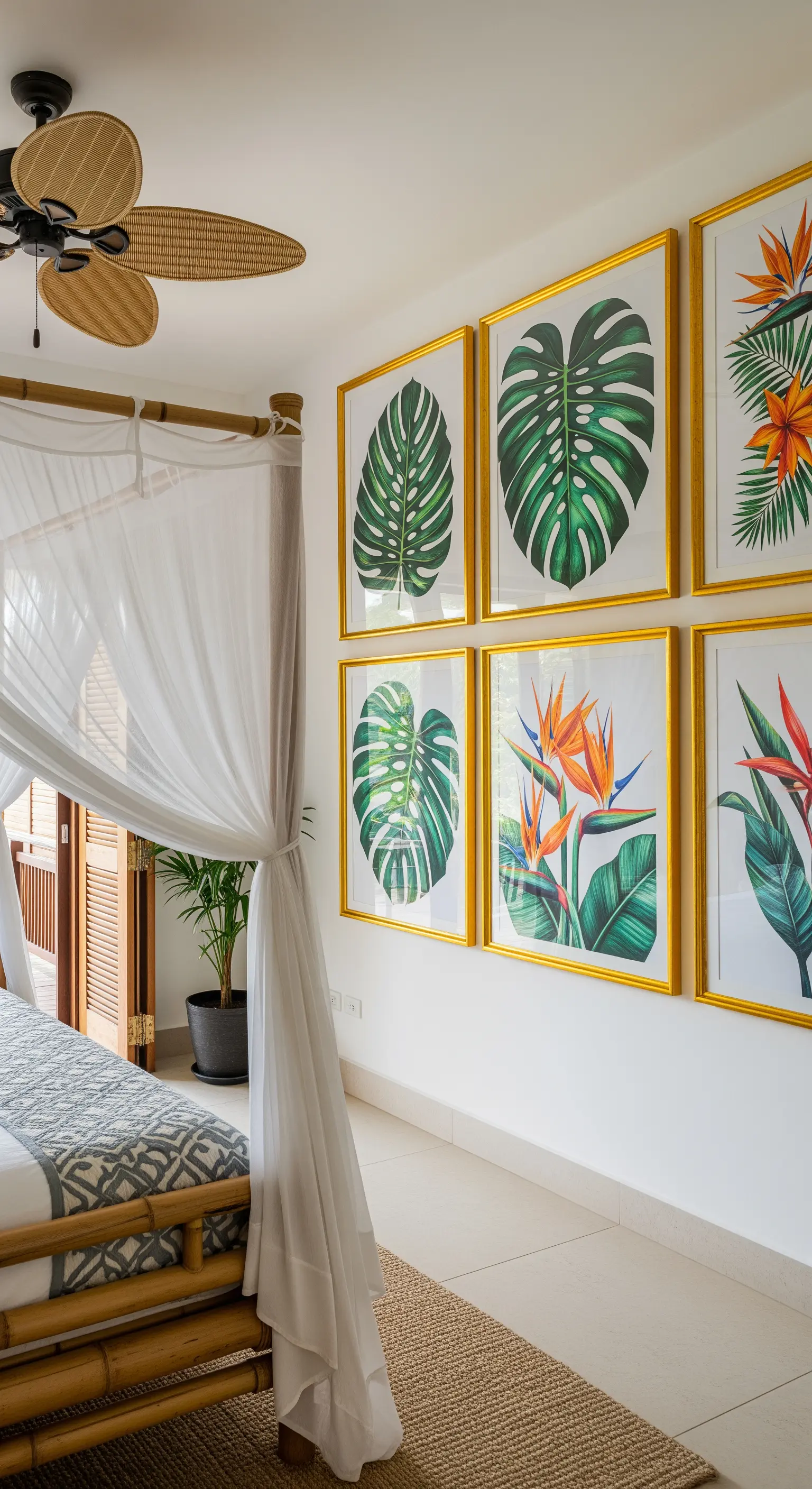 Tropisches Schlafzimmer mit einer Galerie aus botanischen Blätterdrucken in Goldrahmen.
