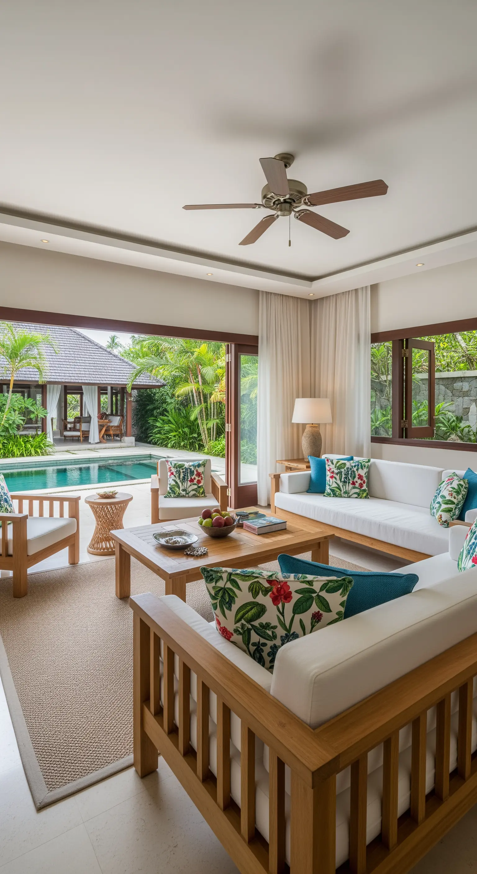 Helles Wohnzimmer mit Blick auf den Pool, Holzmöbeln und tropischen Kissen.