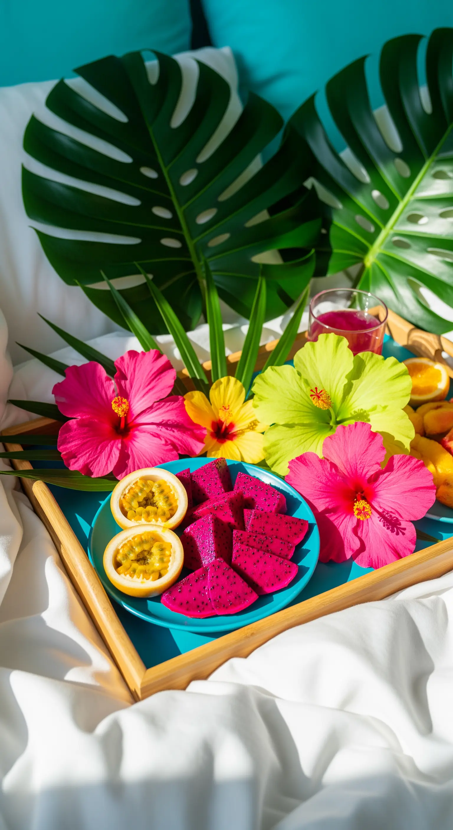 Tropisches Frühstück im Bett mit exotischen Früchten, Hibiskusblüten und Monstera-Blättern