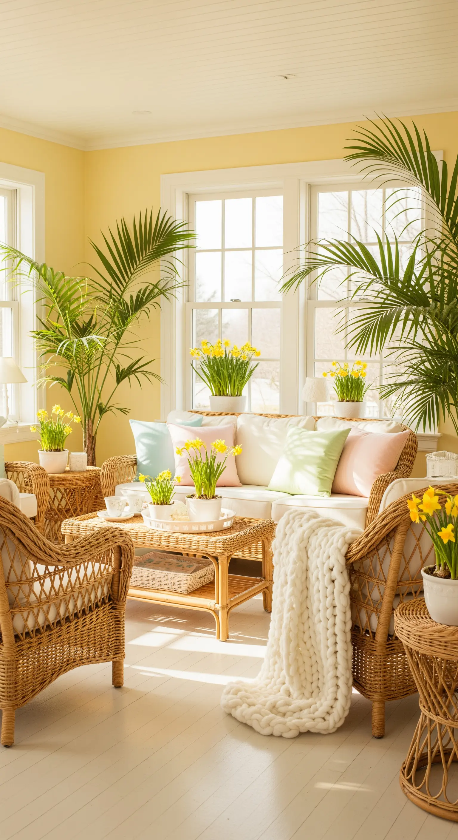 Wintergarten mit Korbmöbeln, Palmen, Pastellkissen, gelbe Wände