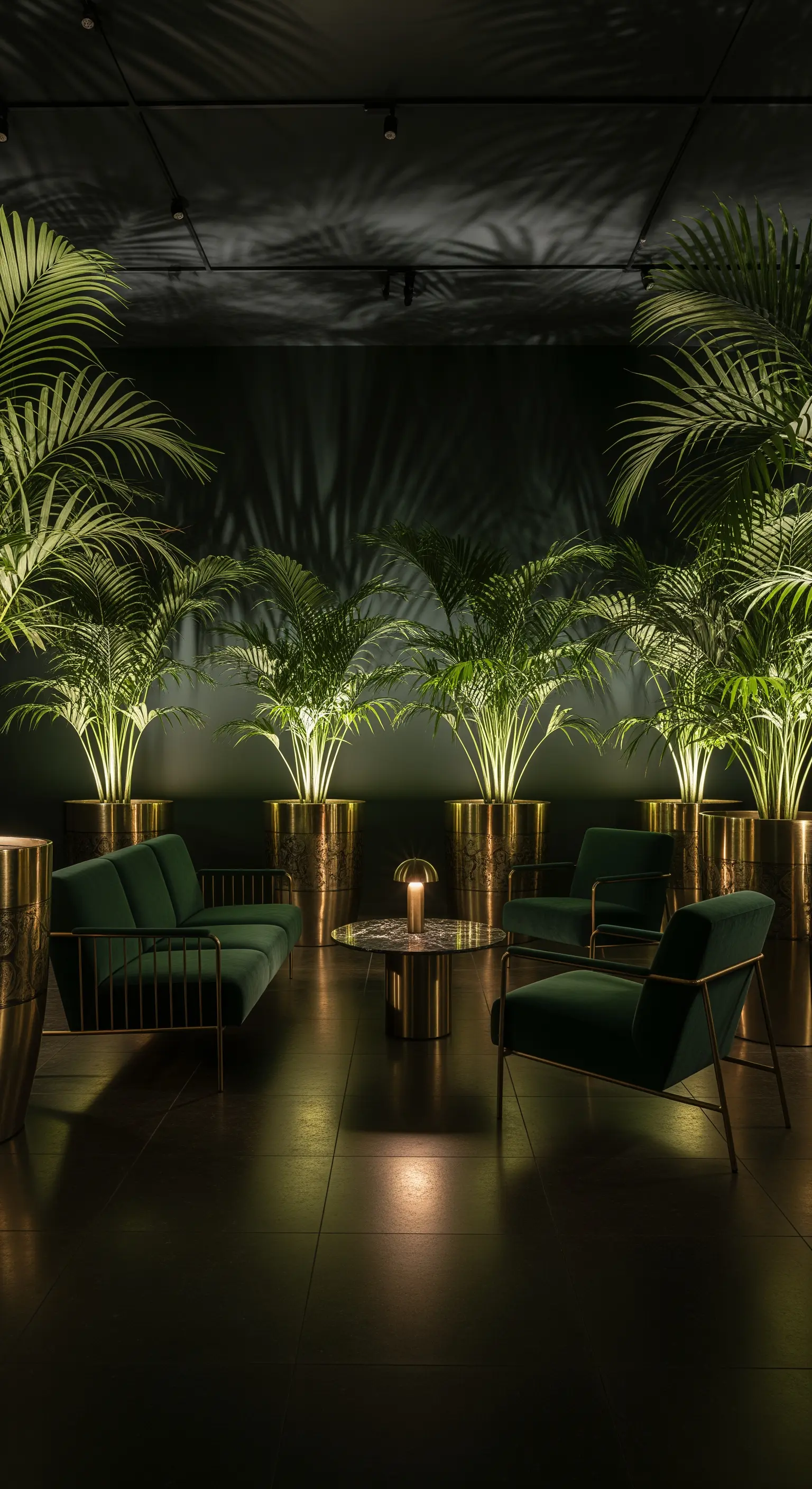 Große Palmen in Messingtöpfen, indirekte Beleuchtung, grüne Sofas und Sessel
