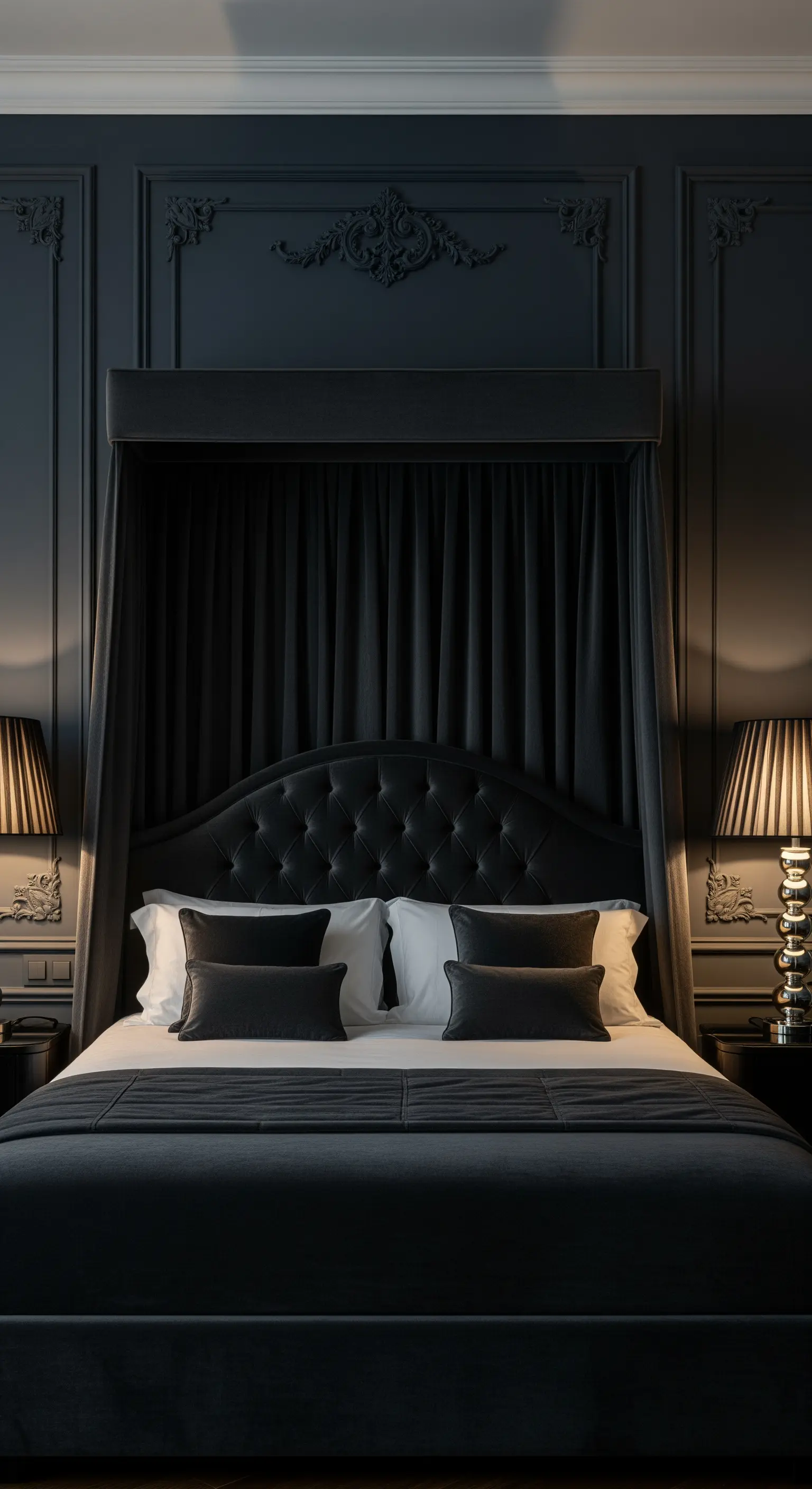 Himmelbett, Petrolvorhänge, tropische Blatt-Tapete, warmes Licht, Rattanmöbel