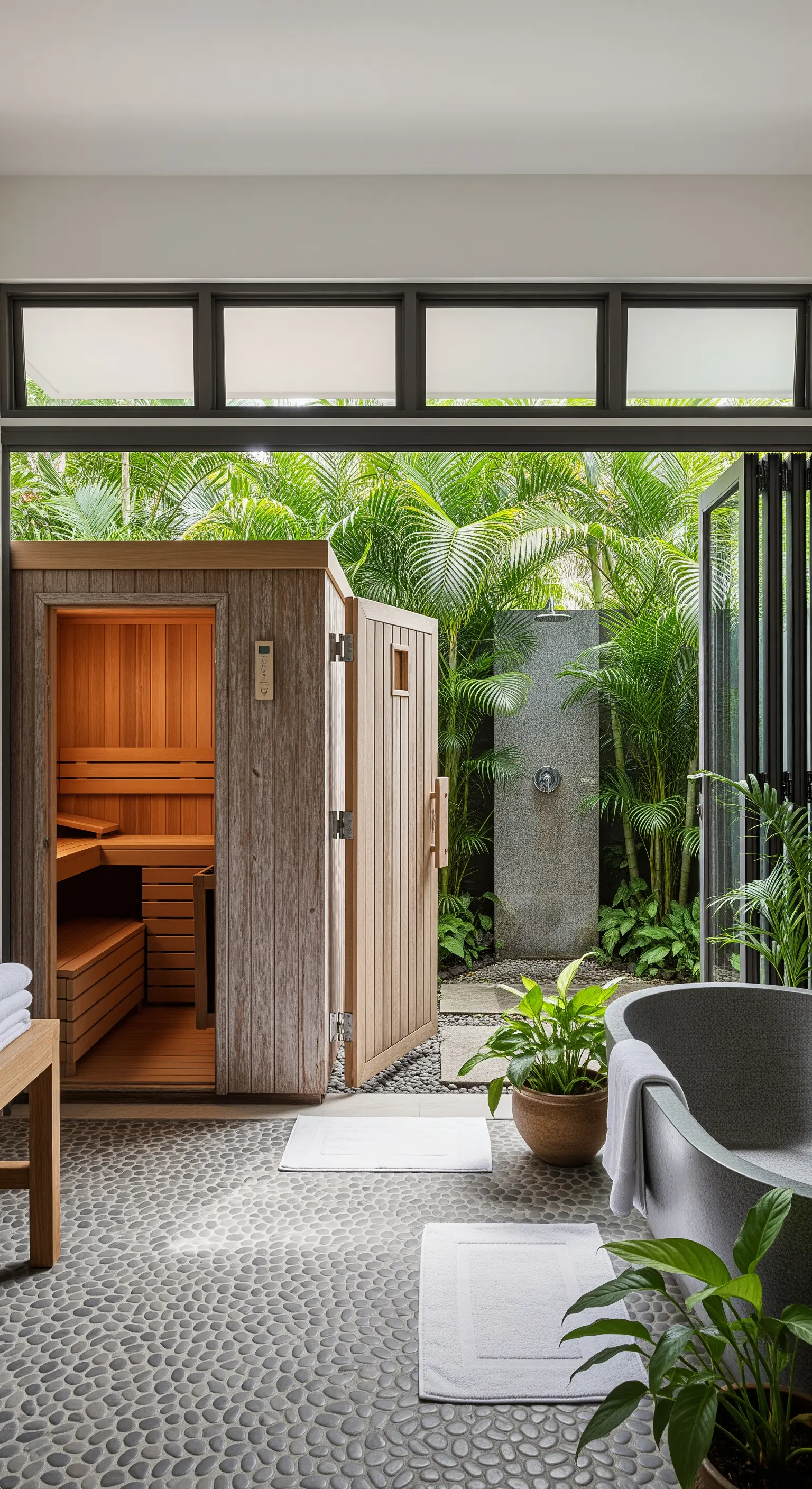 Badezimmer mit offener Front zu einem tropischen Garten und Sauna.