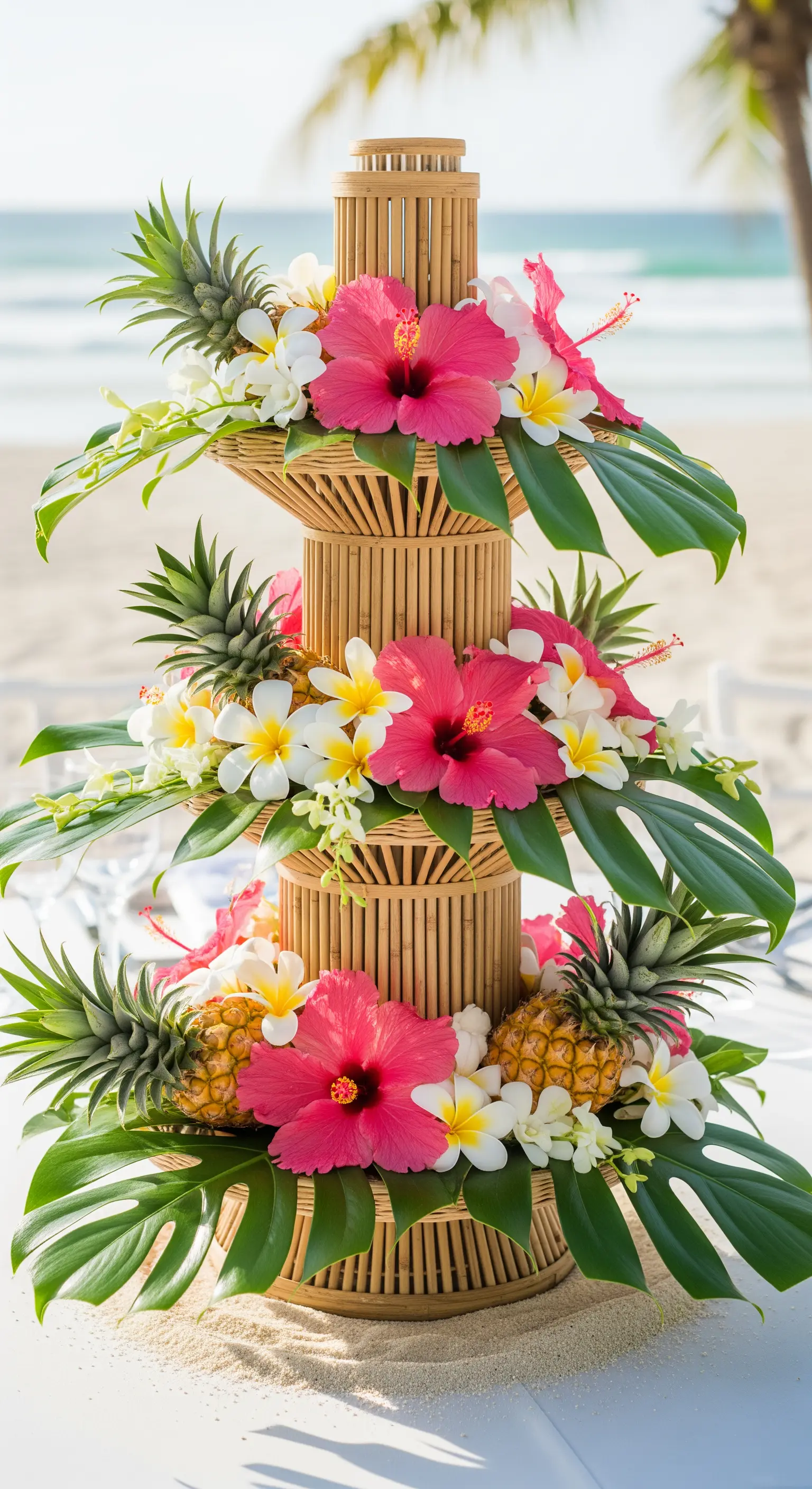 Bambus-Etagere mit tropischen Blüten wie Hibiskus, Monstera-Blättern und kleinen Ananas.