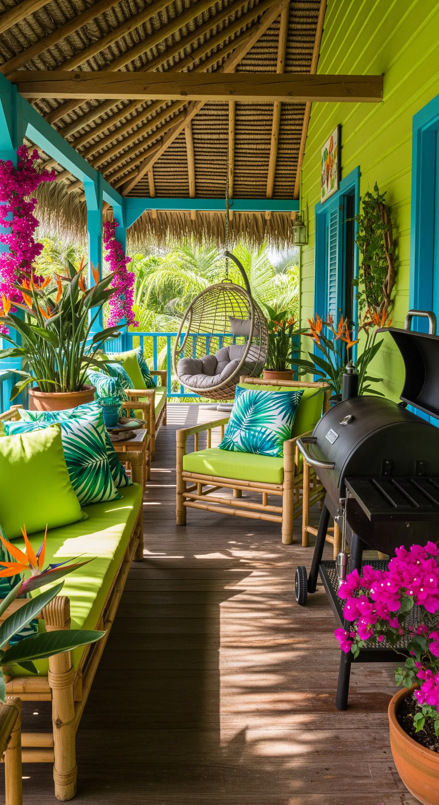 Lebhafte tropische Veranda mit Bambusmöbeln, Palmen-Kissen und farbintensiven Wänden