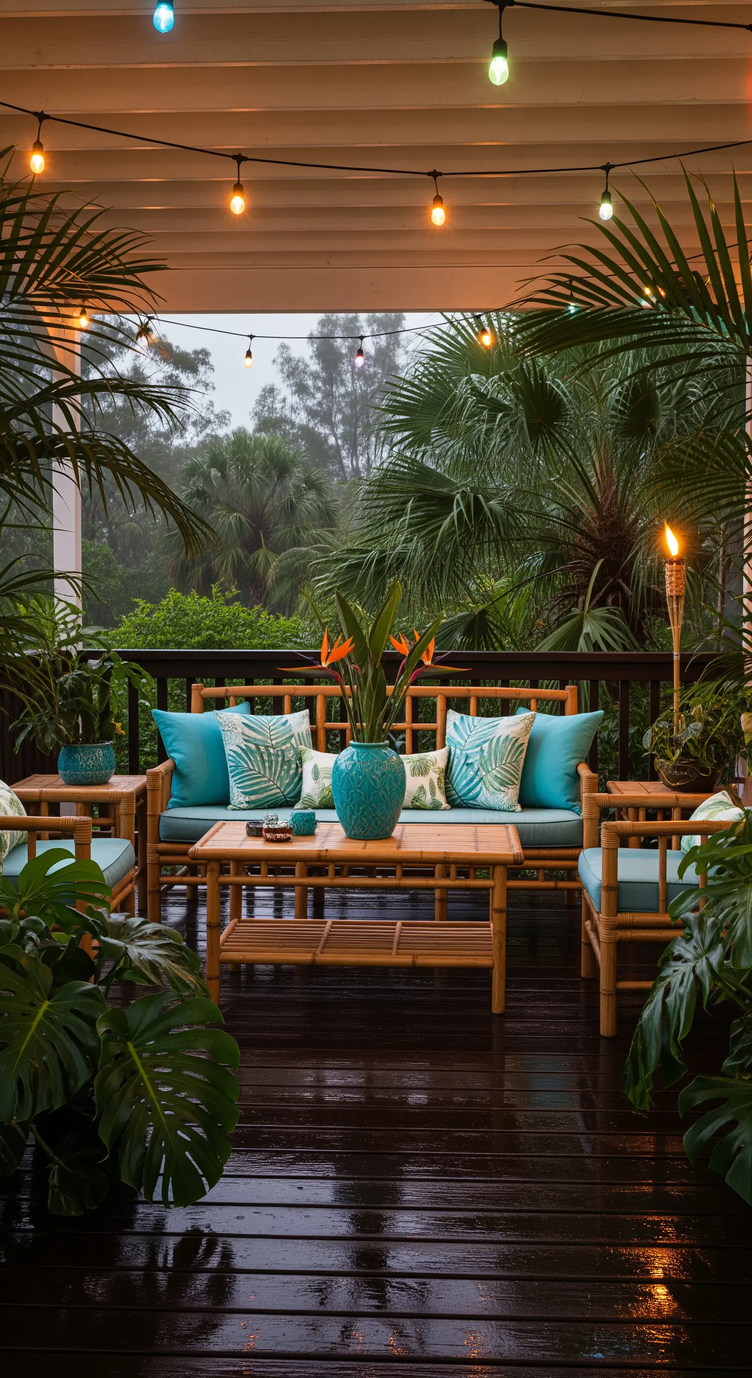 Tropische Veranda mit Bambusmöbeln, türkisen Kissen, Palmen, Lichterketten