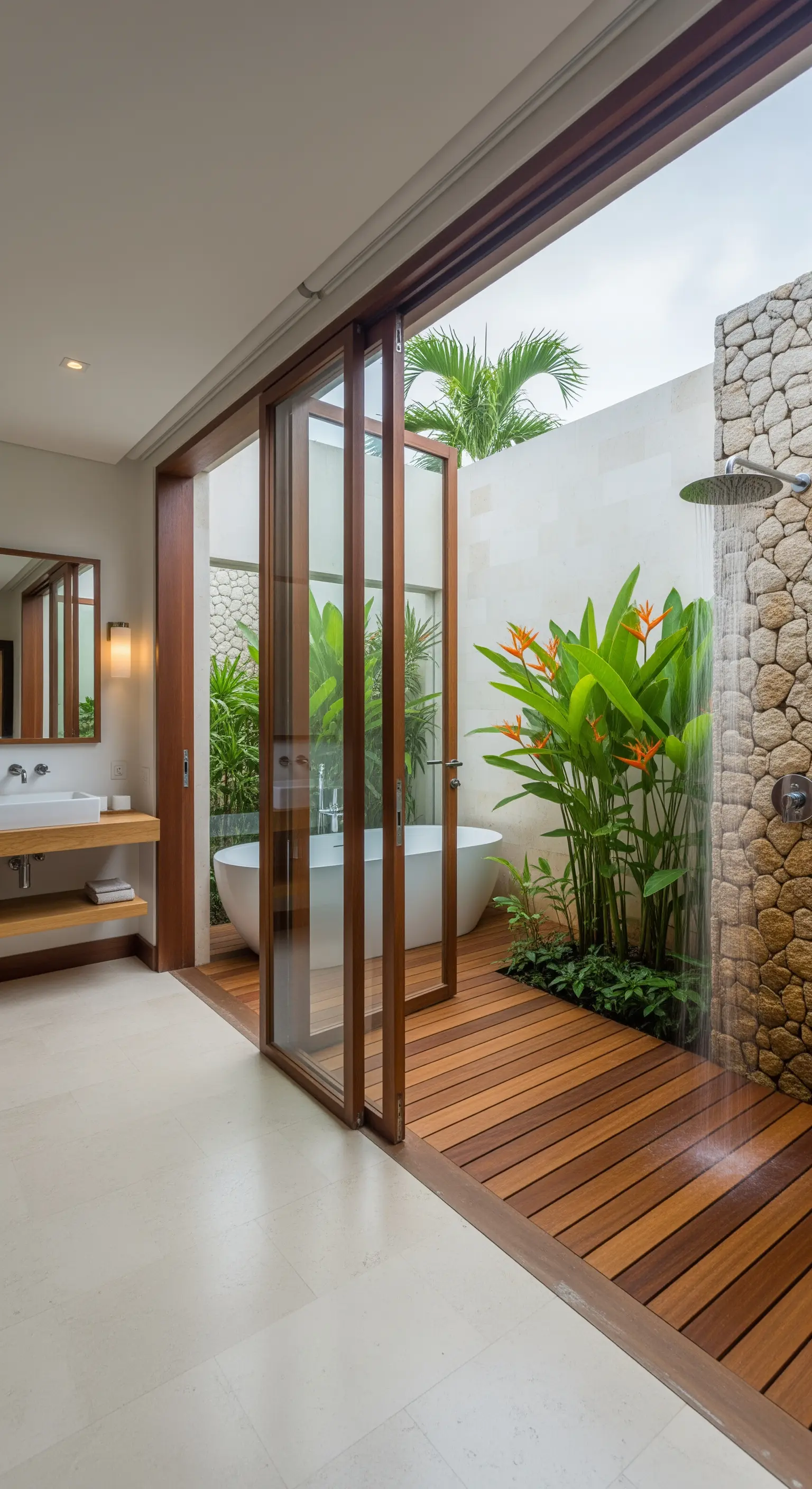 Badezimmer mit offener Verbindung zu einer Außendusche mit Holzboden und tropischen Pflanzen