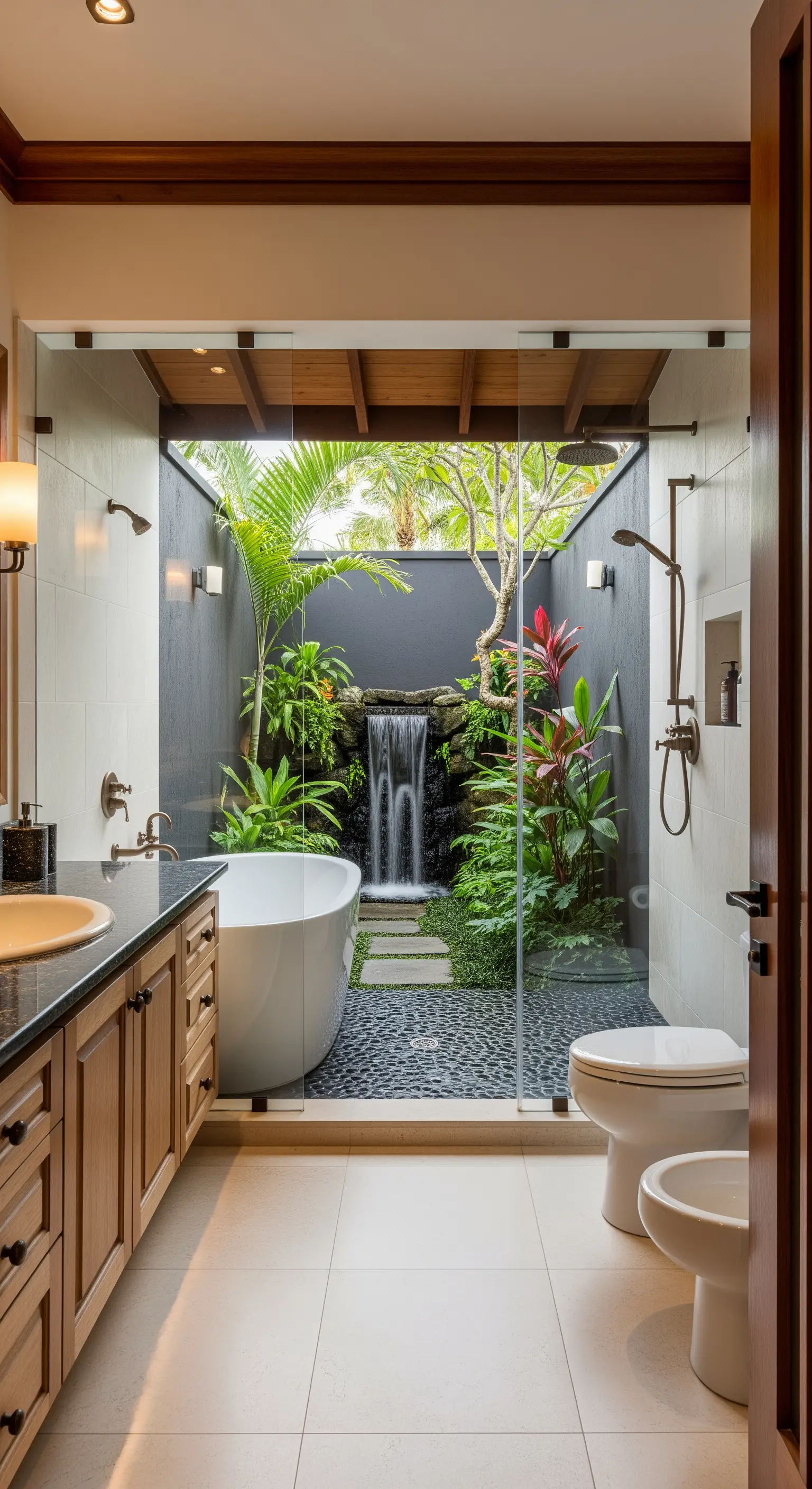 Badezimmer mit Glaswand zu einem tropischen Innenhof mit Wasserfall und Pflanzen