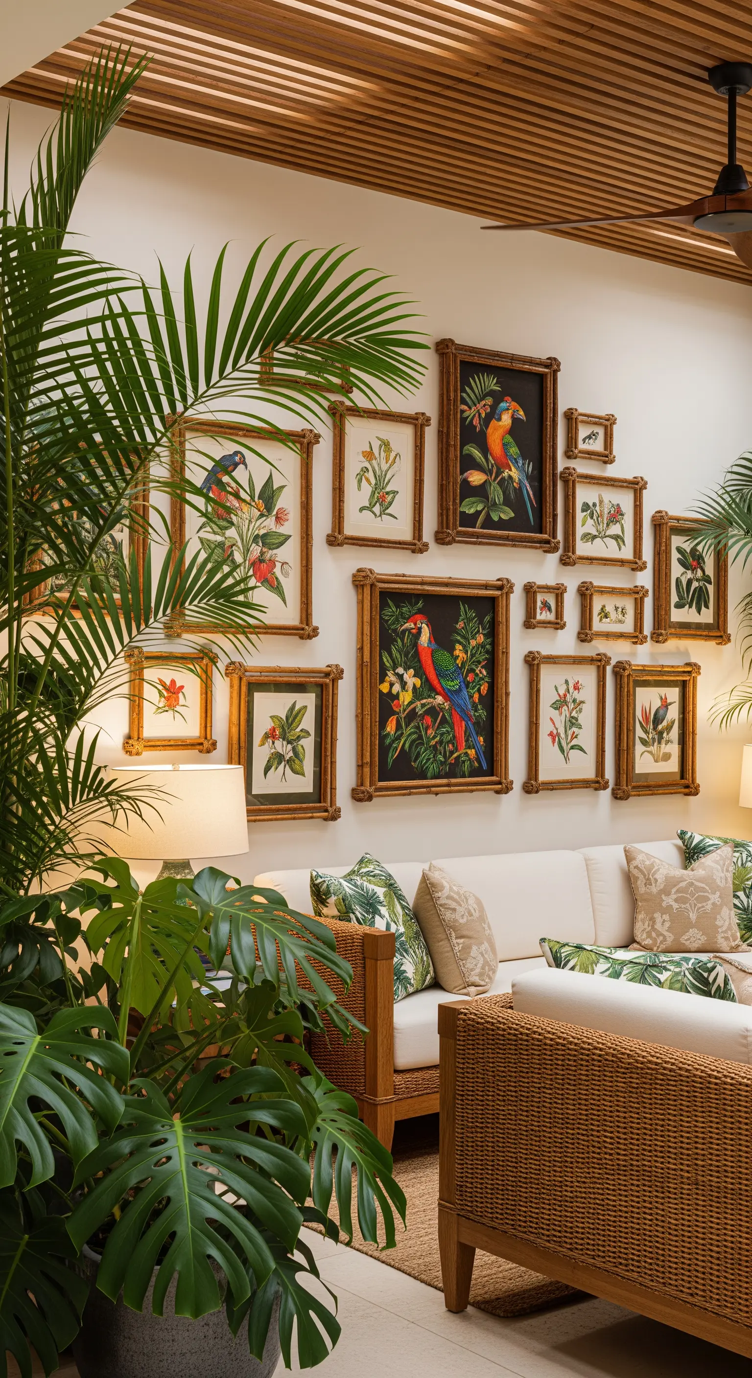 Eine Galeriewand mit tropischen Vogel- und Pflanzenmotiven in Bambusrahmen, umgeben von echten Pflanzen.