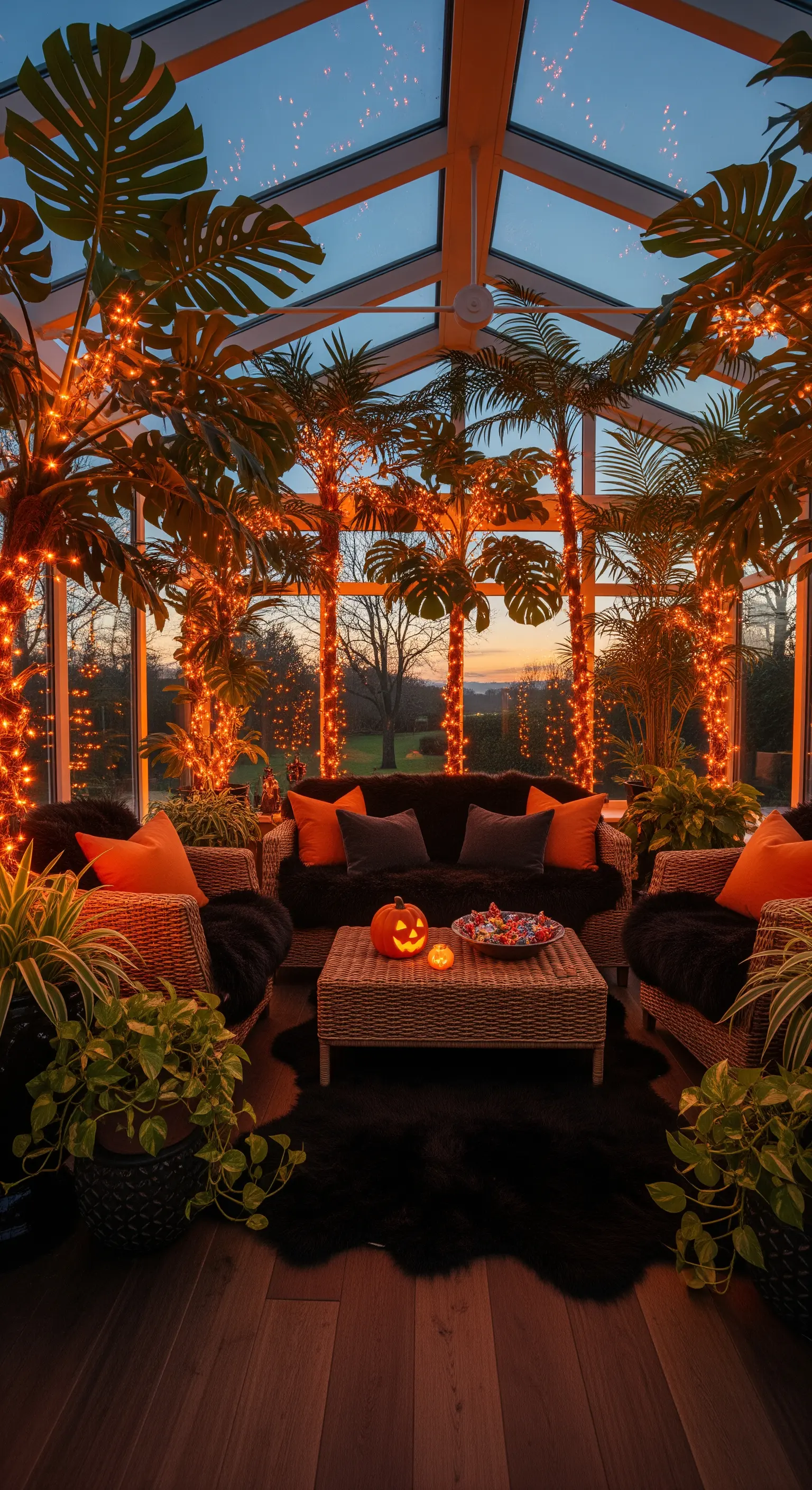 Halloween Wintergarten-Deko mit beleuchteten Palmen, Korbmöbeln und Kürbissen