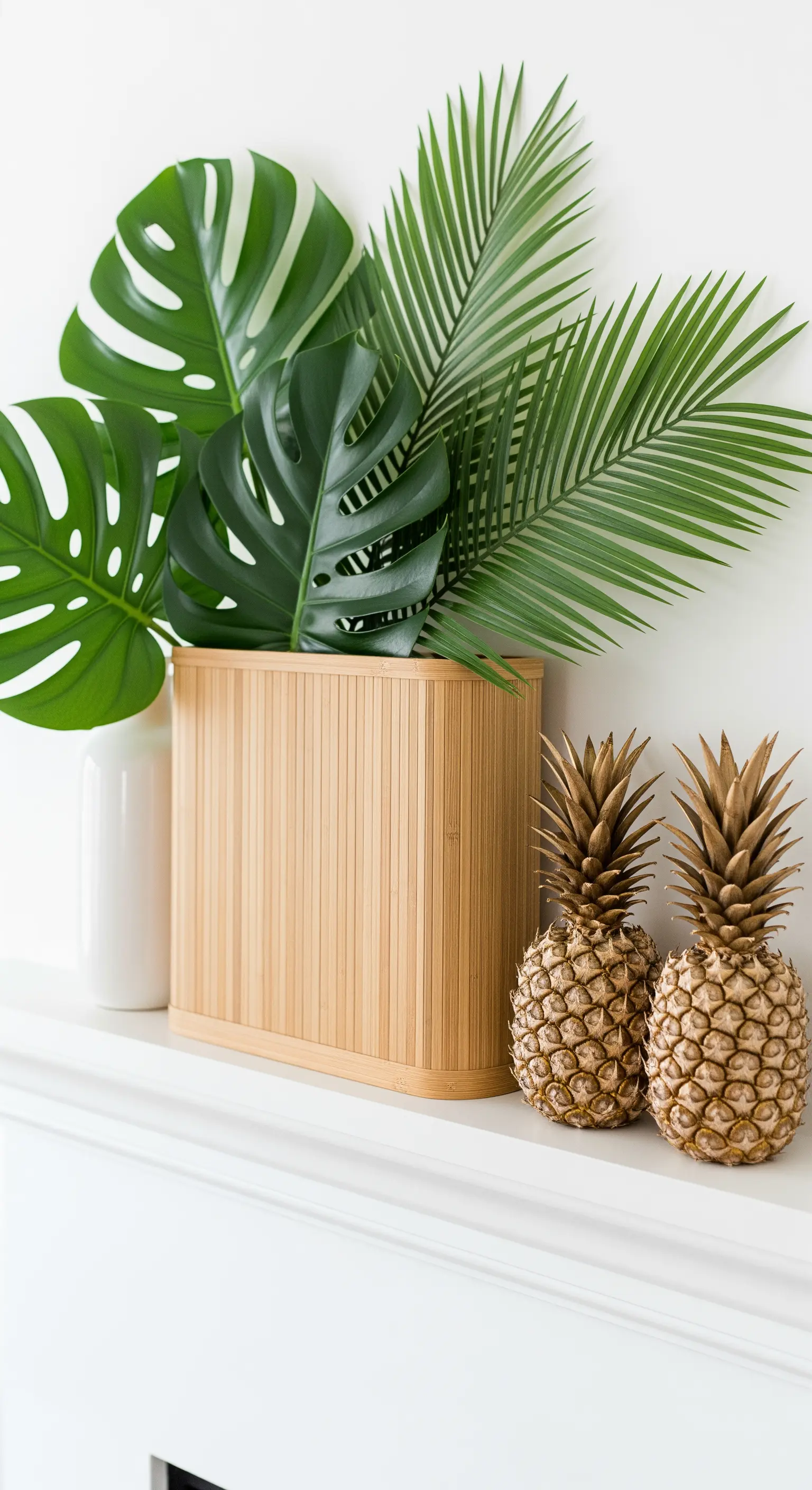 Tropische Sommerdeko mit Monstera-Blättern, Palmwedeln und zwei goldenen Ananas.