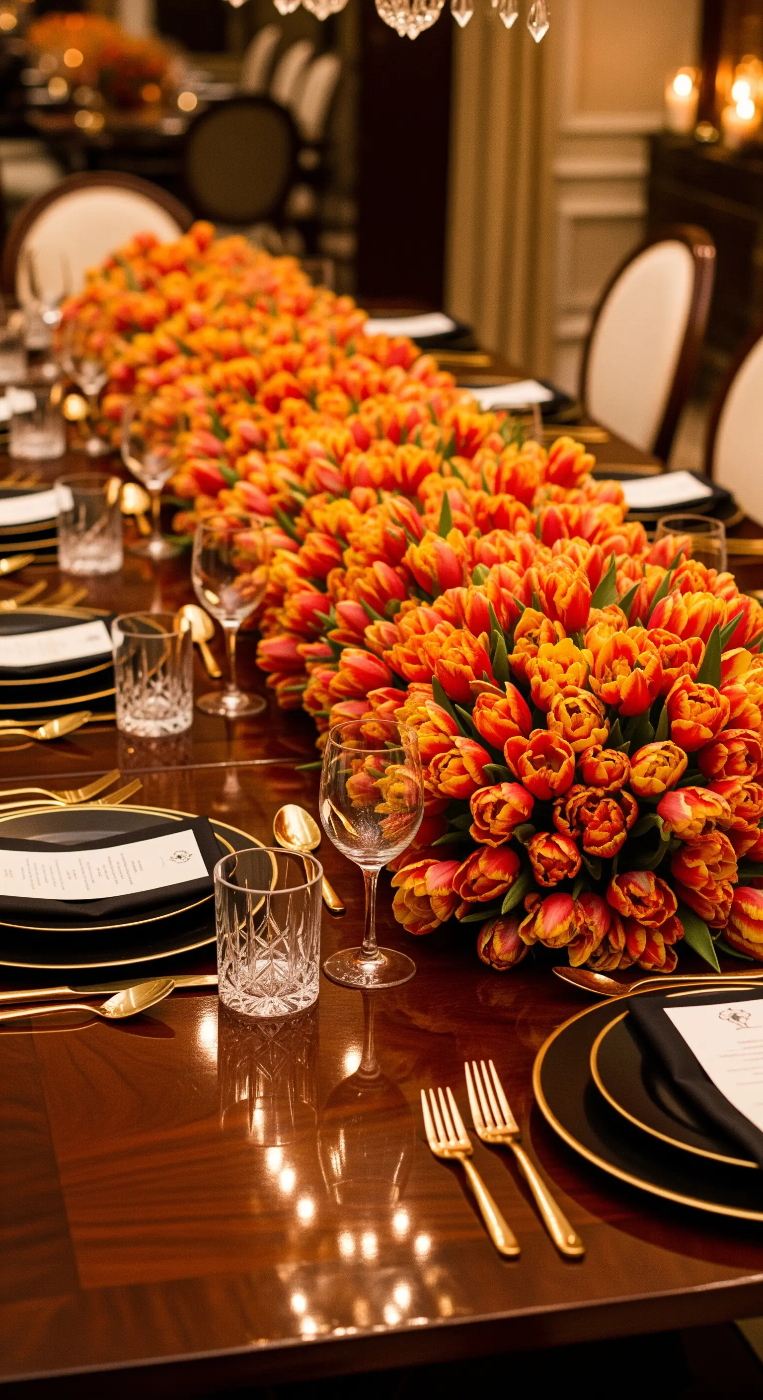 Üppiger Tischläufer aus hunderten orange-gelben Tulpen auf einem dunklen Holztisch