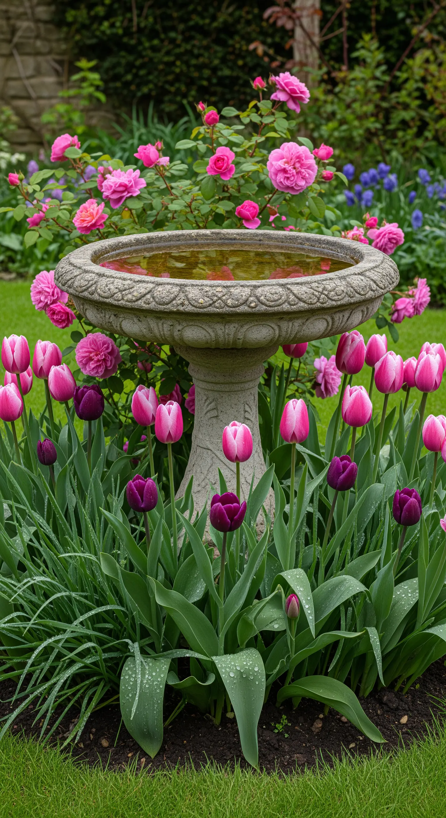Klassische Steinvogeltränke, umgeben von blühenden Tulpen in Pink und Violett