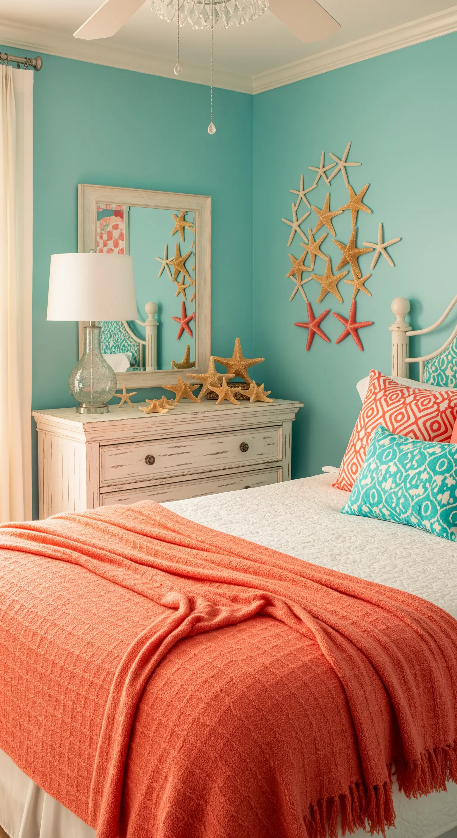 Türkises Schlafzimmer mit Seestern-Wanddeko, Korallen-Kissen und rustikaler Kommode