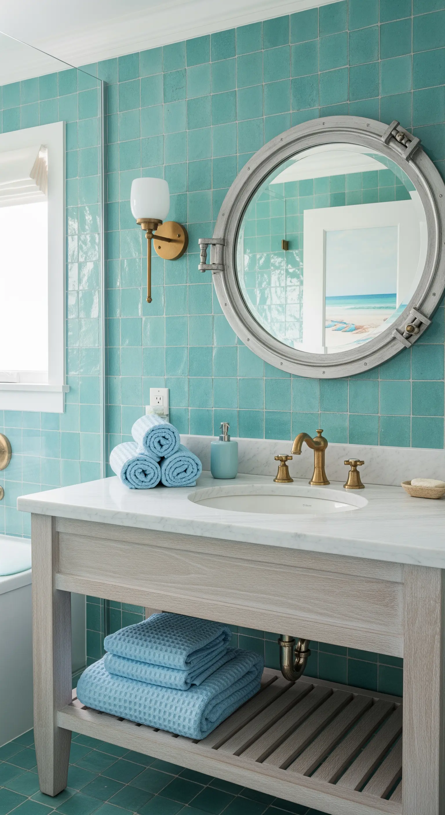 Türkisfarbenes Badezimmer mit Bullaugen-Spiegel und Messingarmaturen
