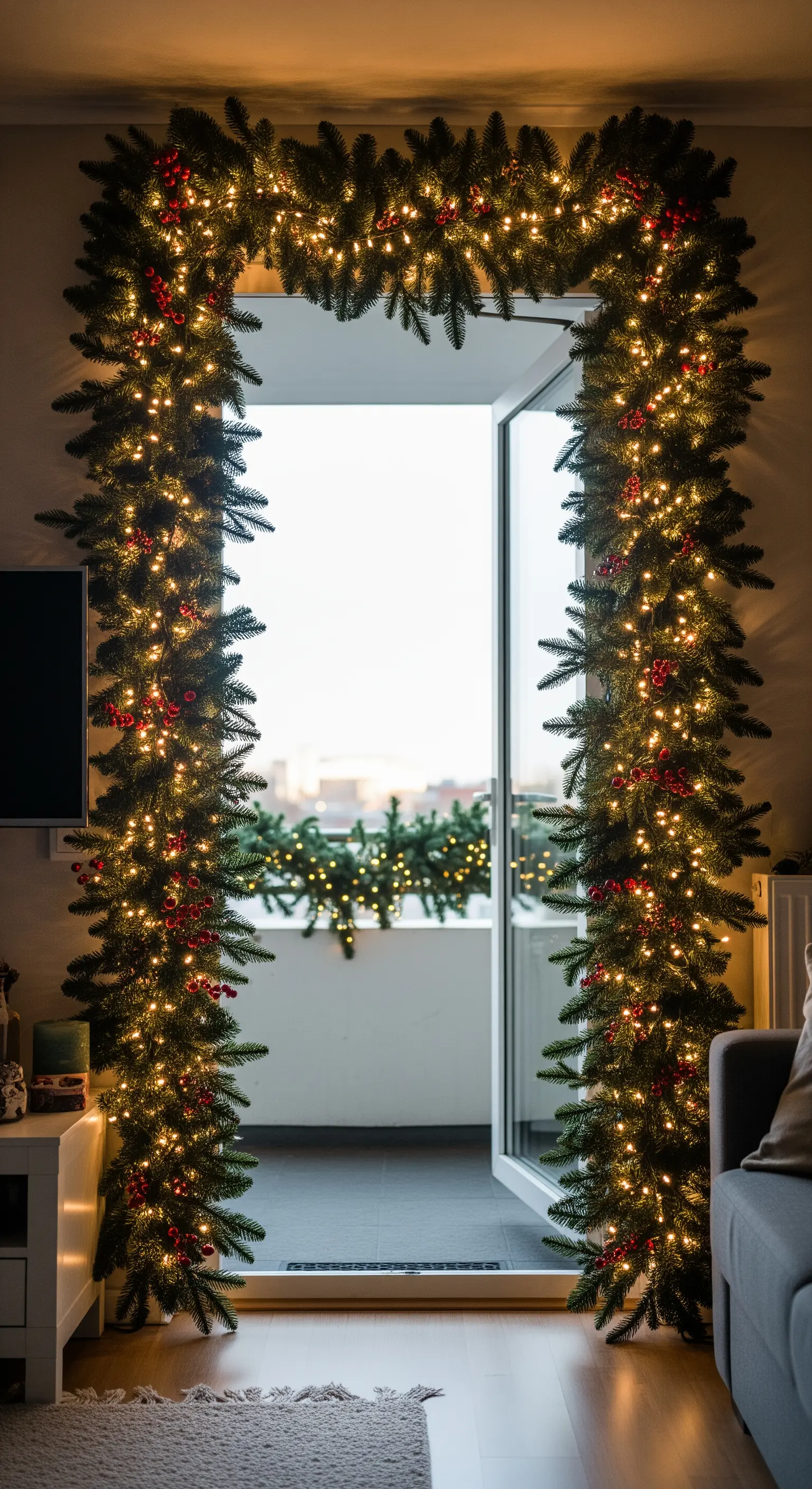 Türrahmen mit üppiger, beleuchteter Tannengirlande und roten Beeren.