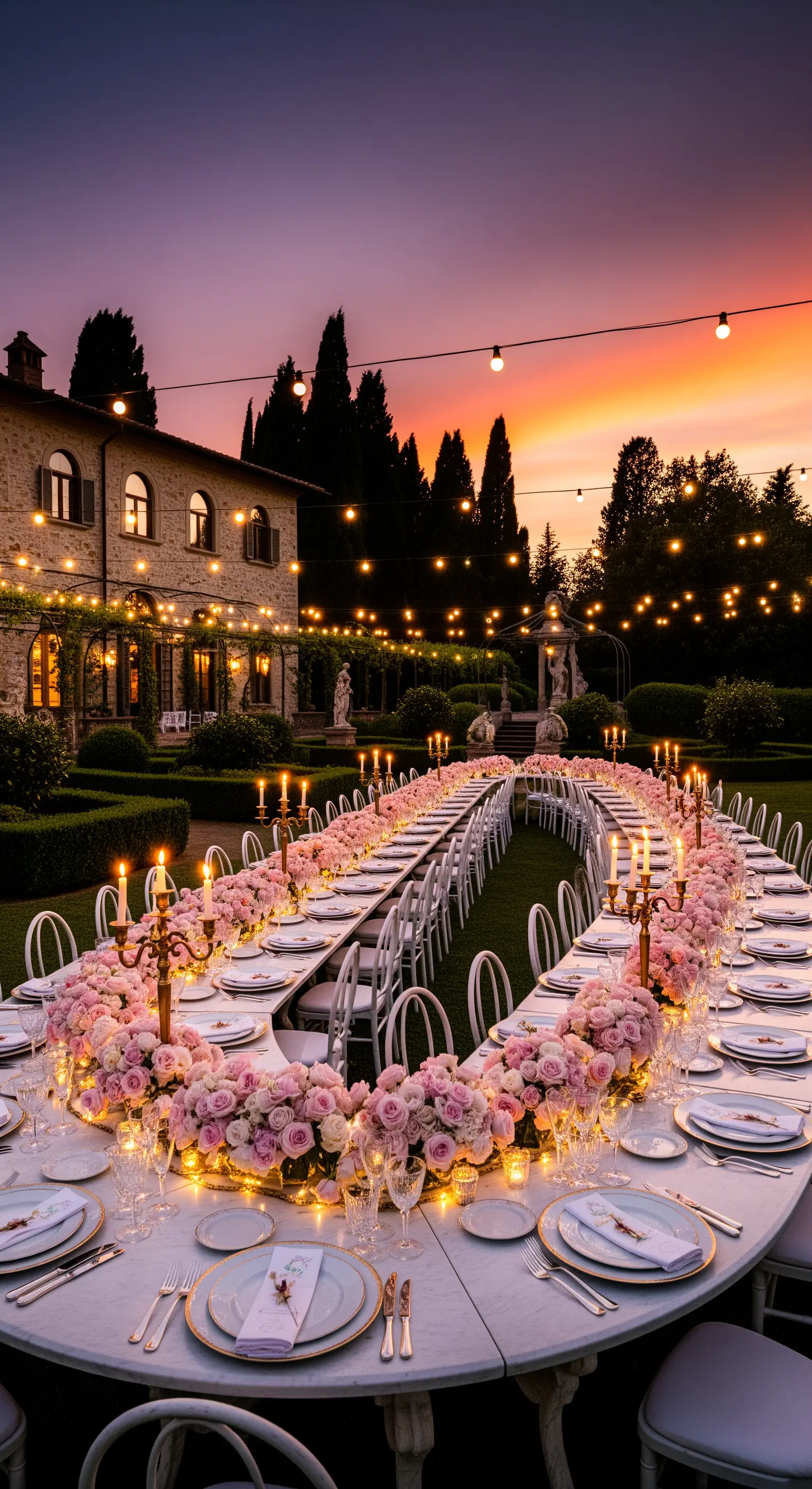 U-förmige Marmortafel mit rosa Rosengirlanden, Kerzen und Lichterketten vor Villa.