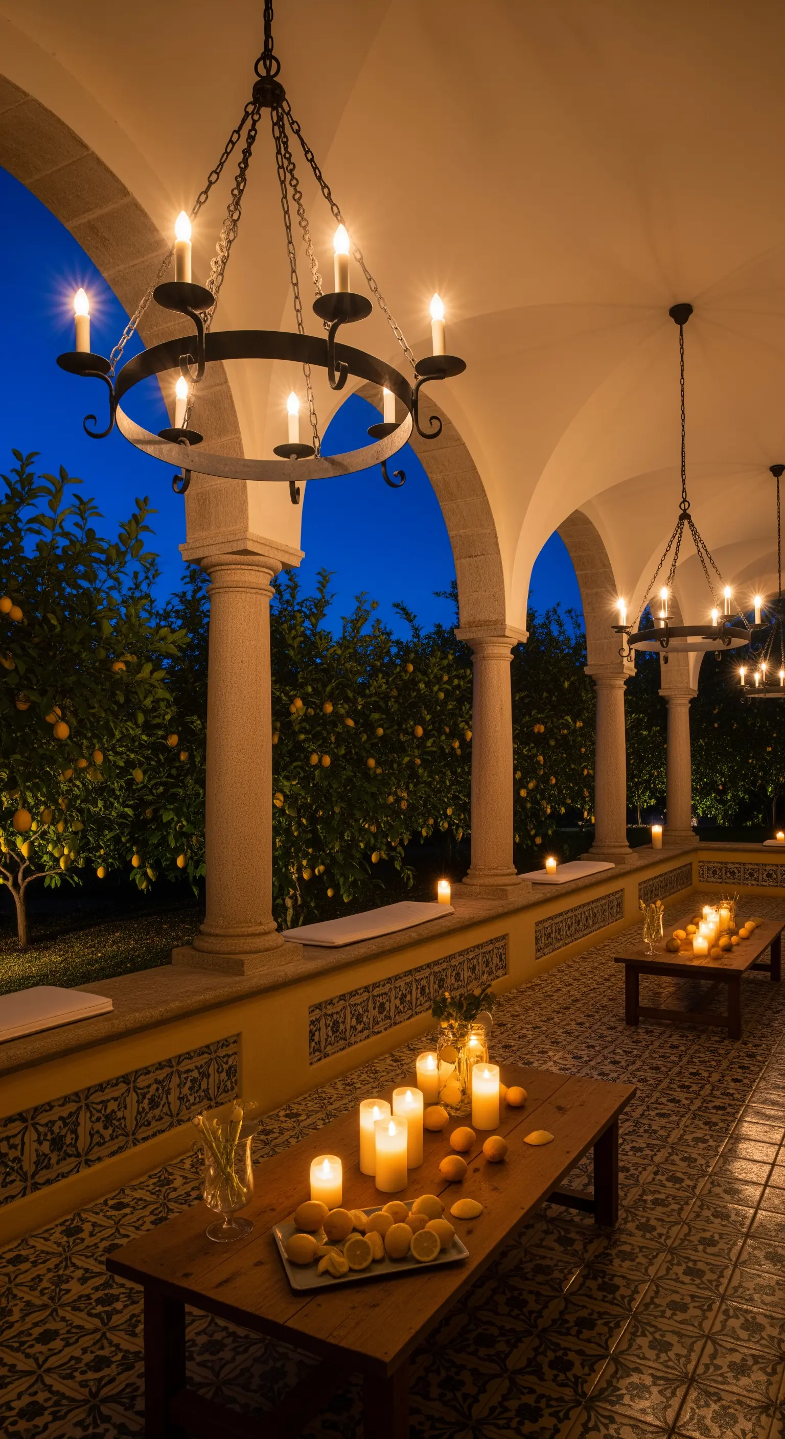 Überdachte Terrasse mit schmiedeeisernen Kronleuchtern, Holztischen und Zitronen-Kerzen-Deko
