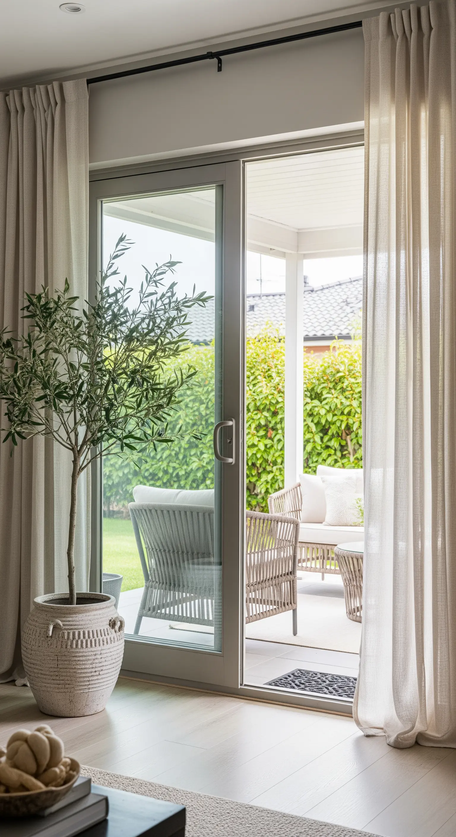 Blick durch eine offene Terrassentür, eingerahmt von Leinenvorhängen und einem Olivenbaum im Topf.