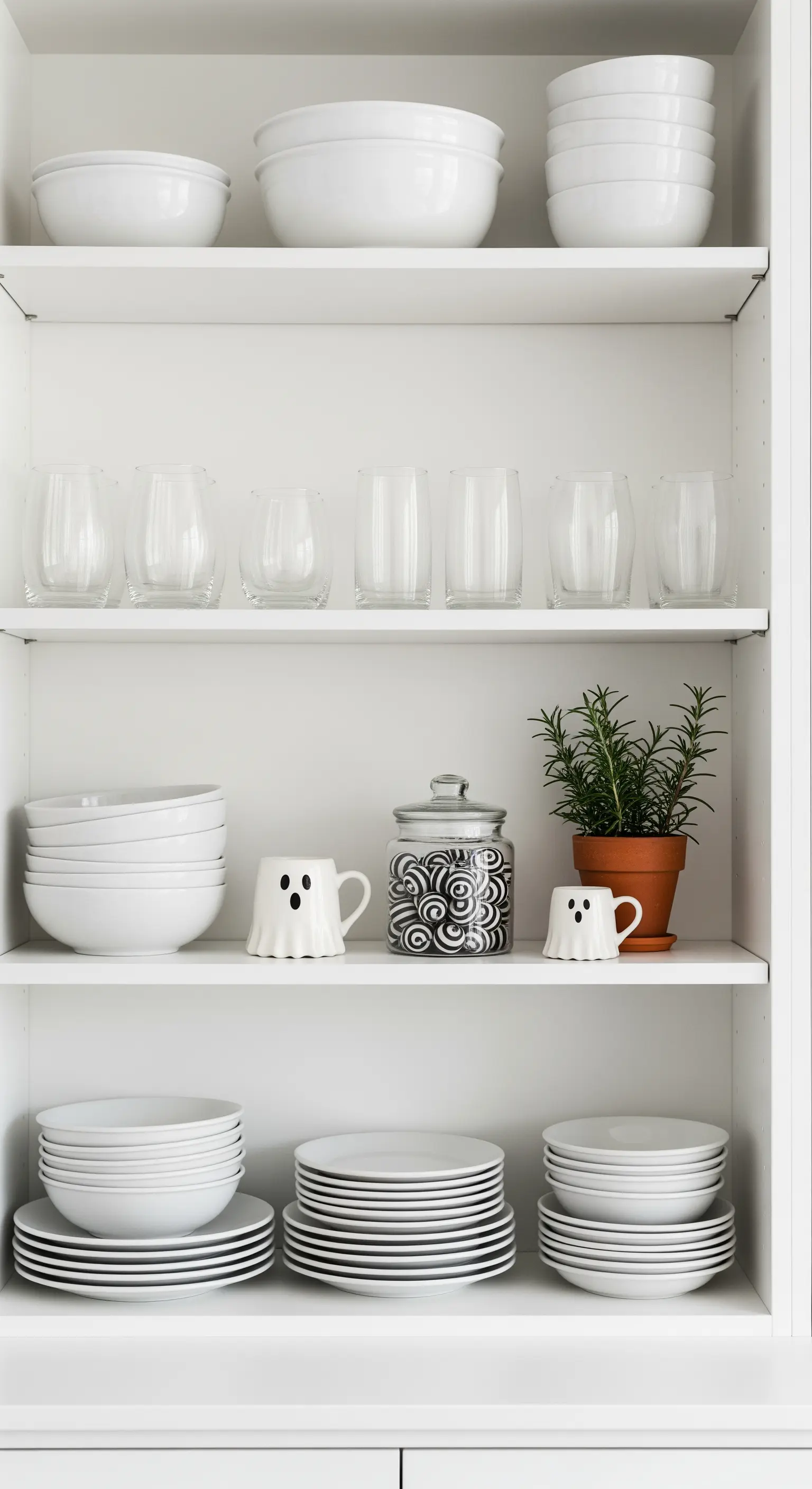 Offener Küchenschrank mit weißen Tellern und zwei Geister-Tassen