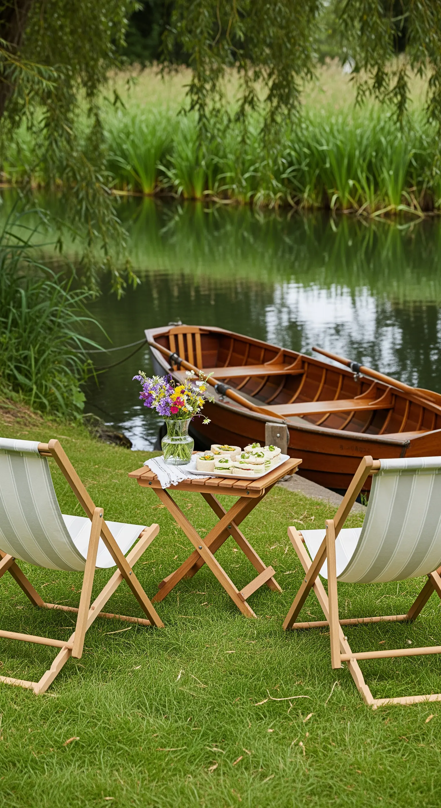 Gestreifte Klappstühle und kleiner Tisch am Flussufer mit Ruderboot.