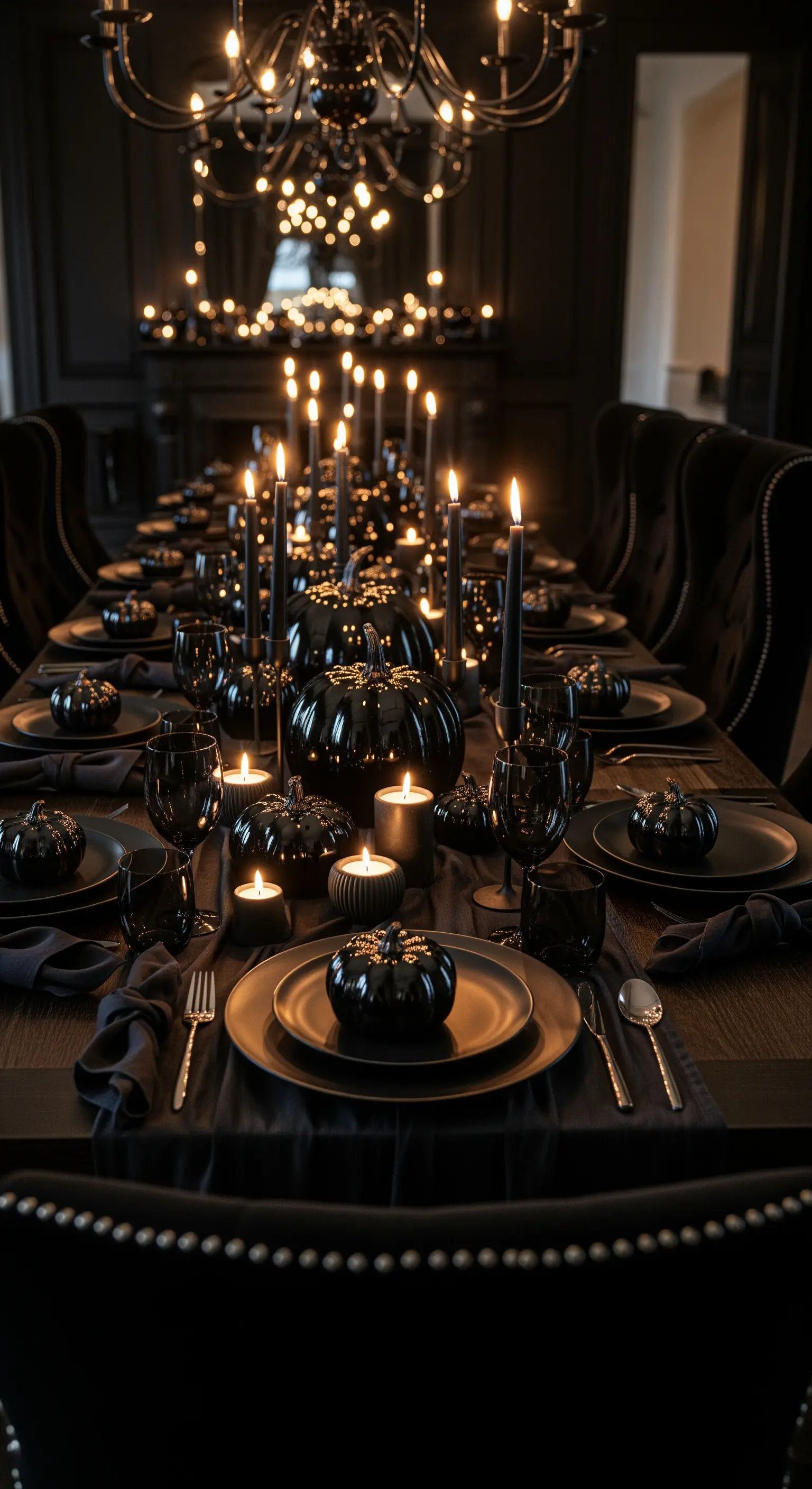 Elegante Halloween Tischdeko in Tiefschwarz mit Kürbissen und Kerzen