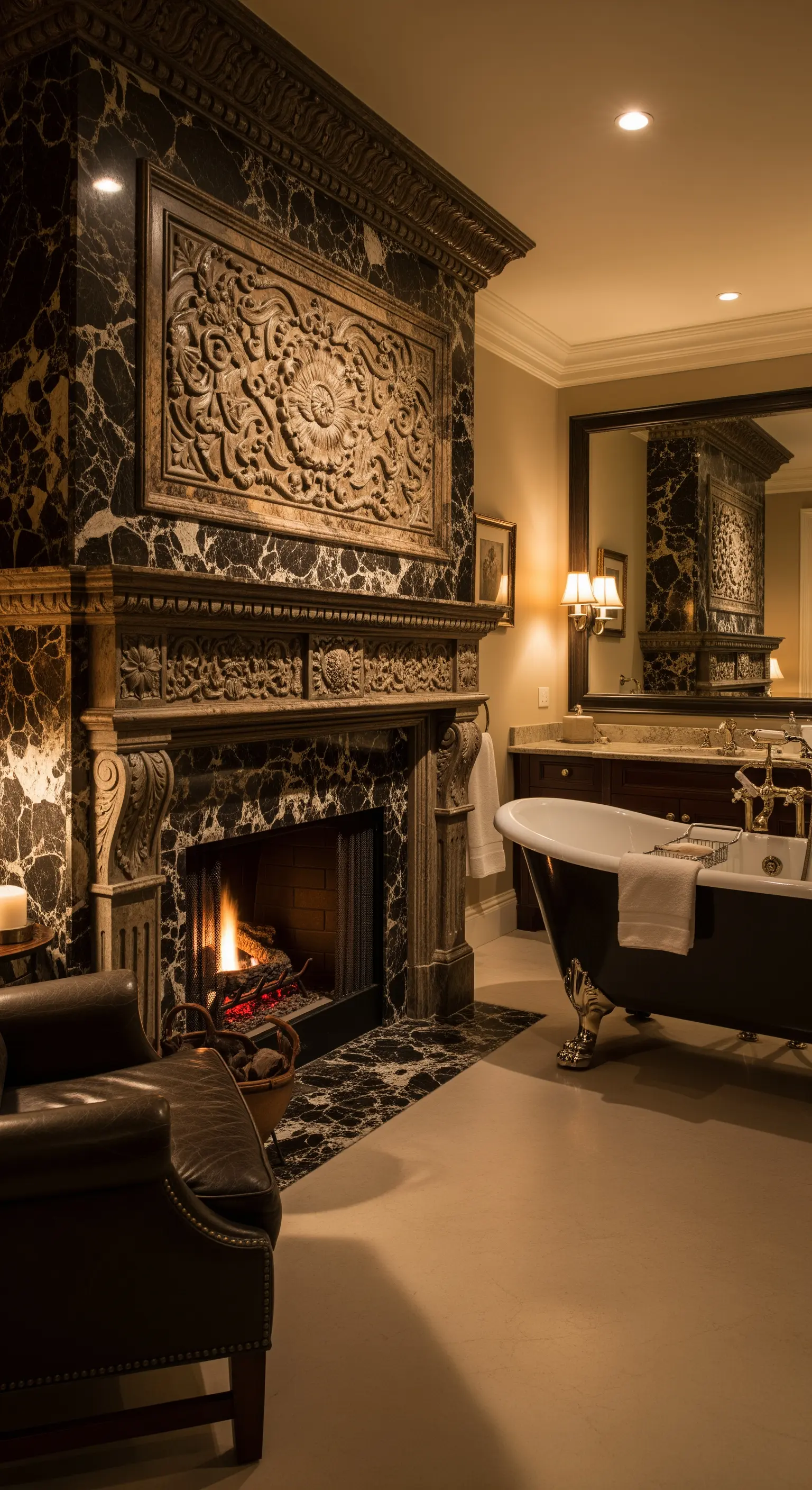 Luxuriöses Badezimmer mit einem großen Marmorkamin und einer freistehenden Badewanne.