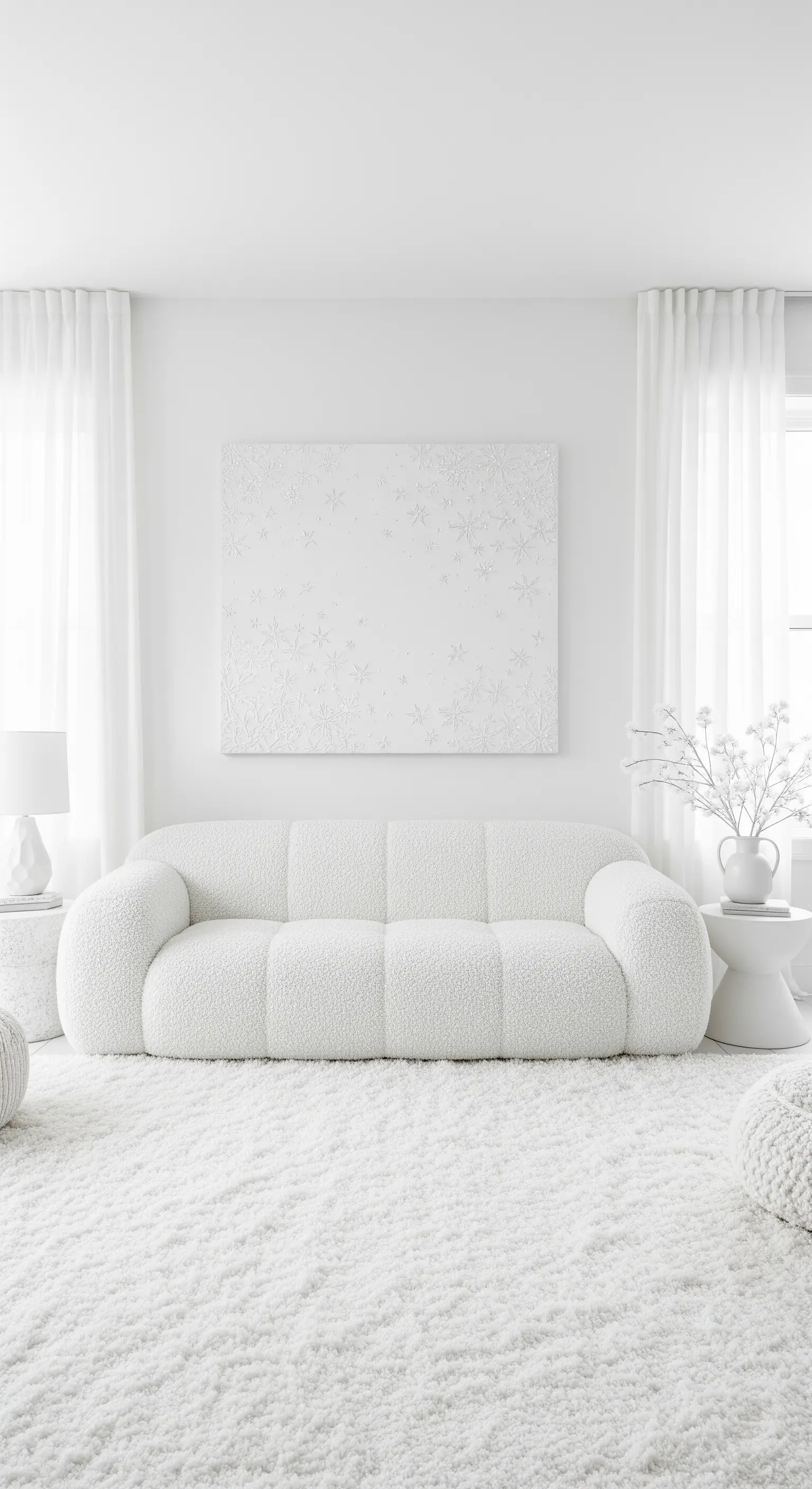 Monochromes weißes Wohnzimmer mit Bouclé-Sofa und 3D-Schneeflocken-Wandkunst