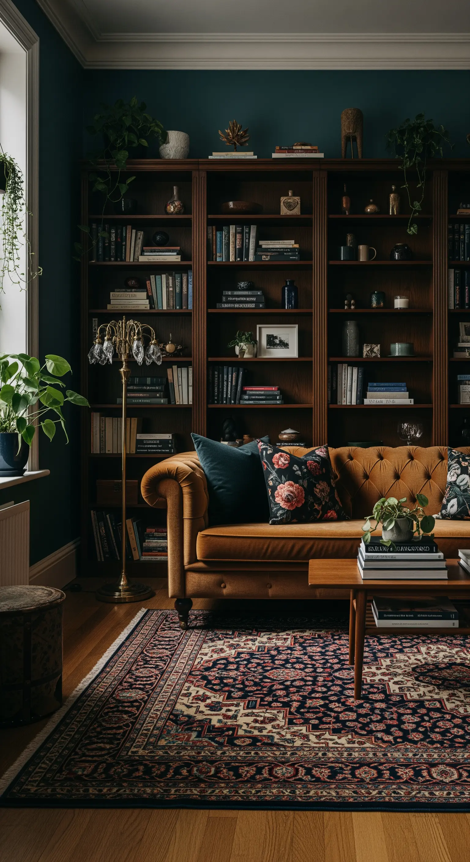 Elegantes Wohnzimmer mit dunkelblauer Wand, einem großen Bücherregal und einem cognacfarbenen Ledersofa.