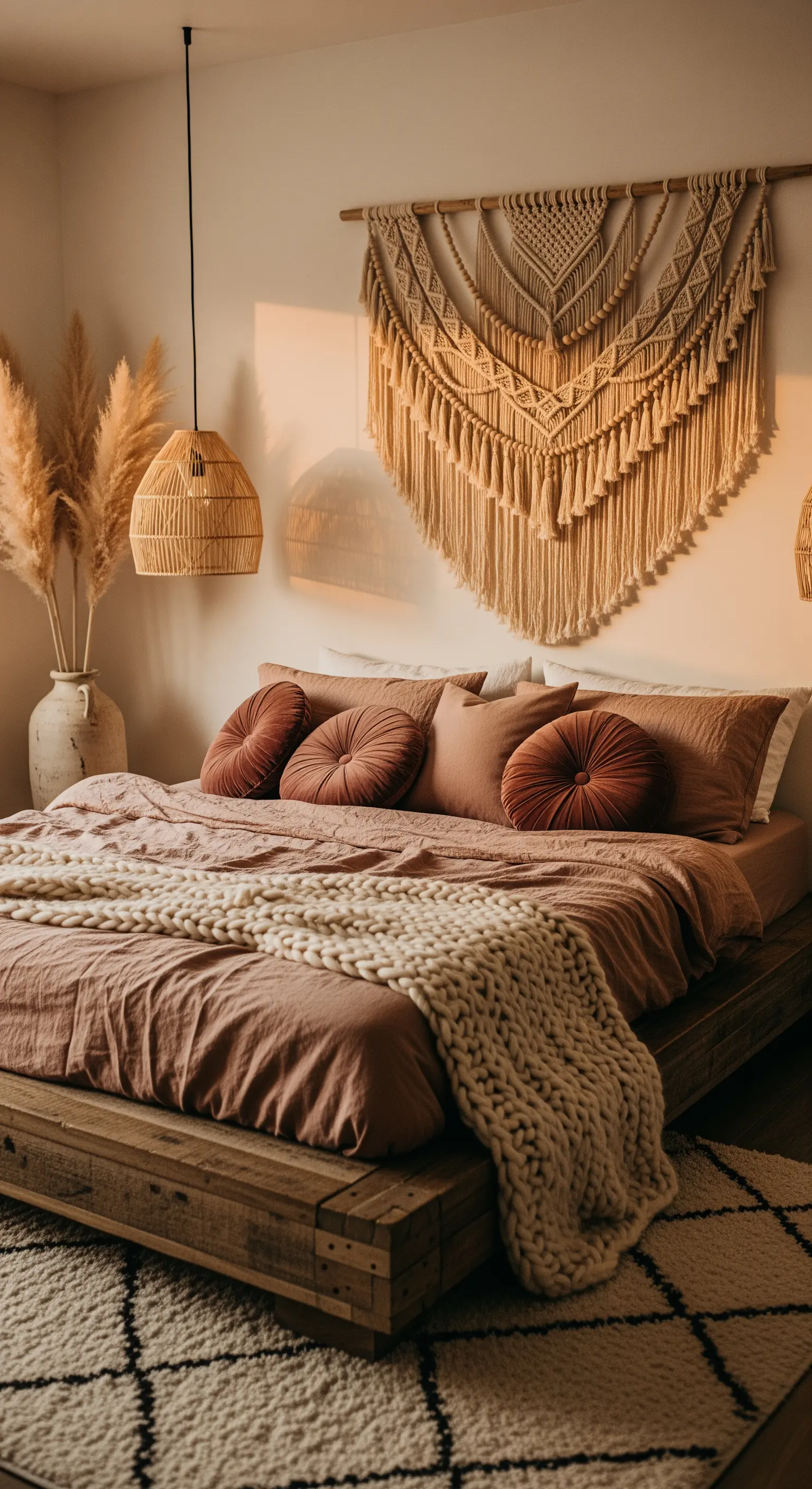 Boho-Schlafzimmer in warmen Erdtönen mit Makramee-Wandbehang und Rattan-Lampe.