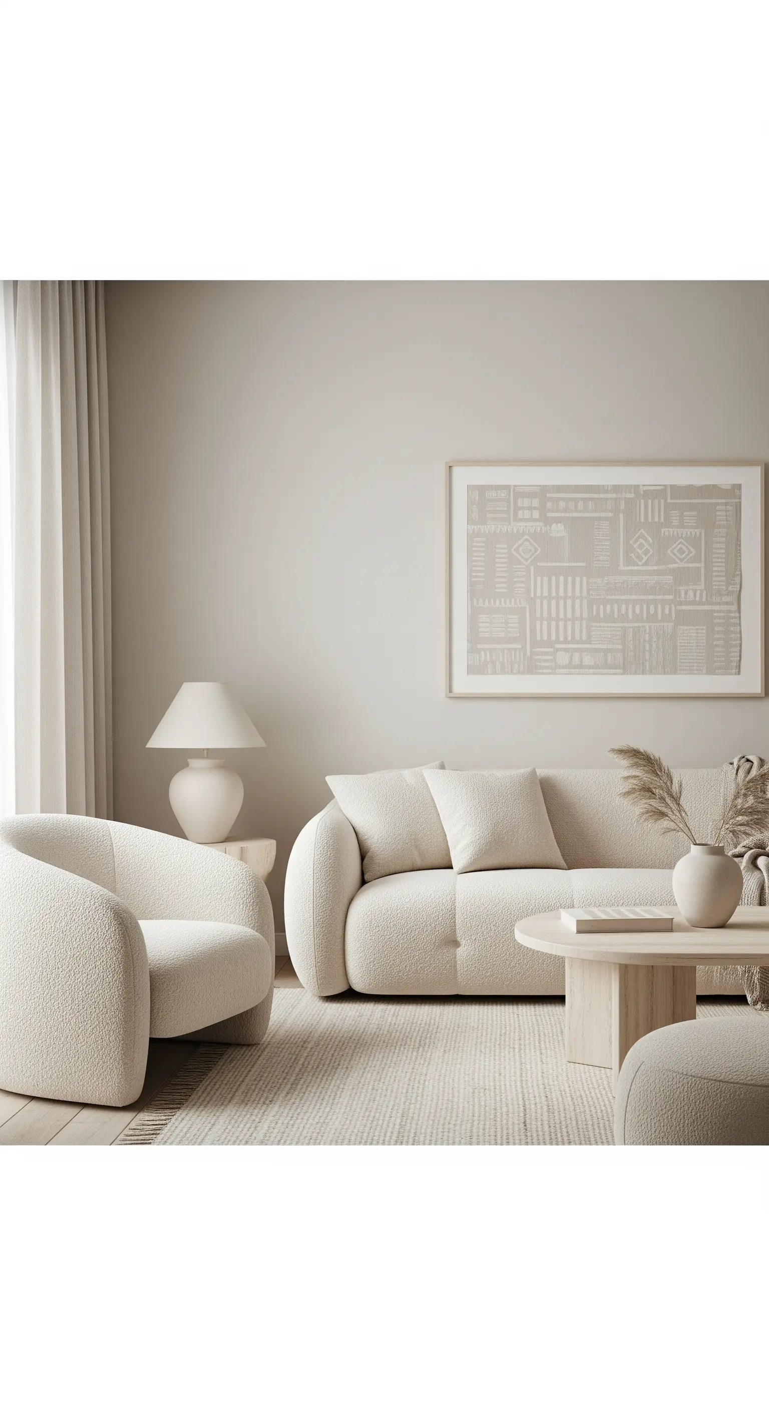 Wohnzimmer mit cremefarbenen, kurvigen Möbeln und einem texturierten Bild an der Wand