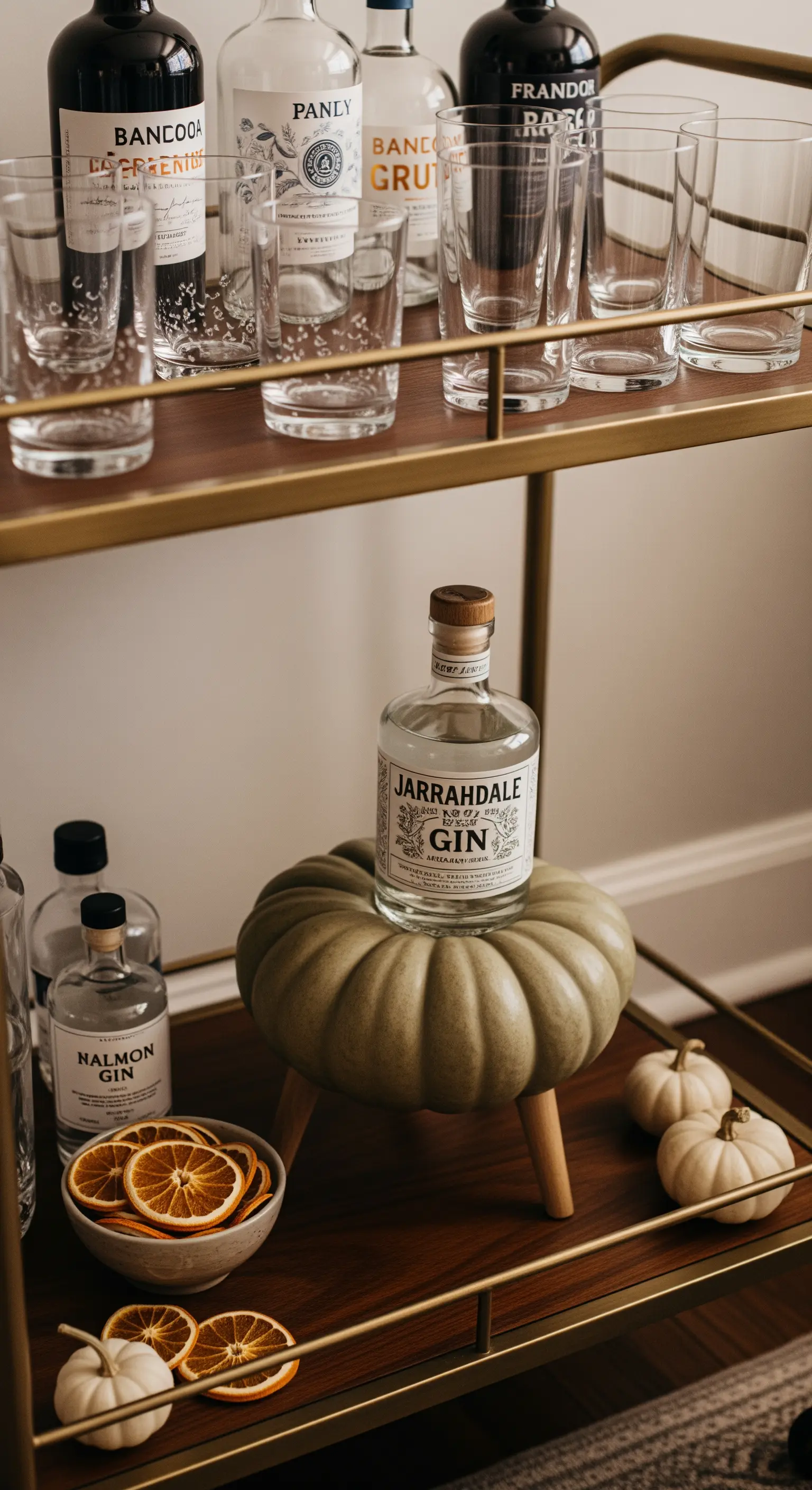 Großer grüner Kürbis auf einem Barwagen, der als Podest für eine Ginflasche dient.