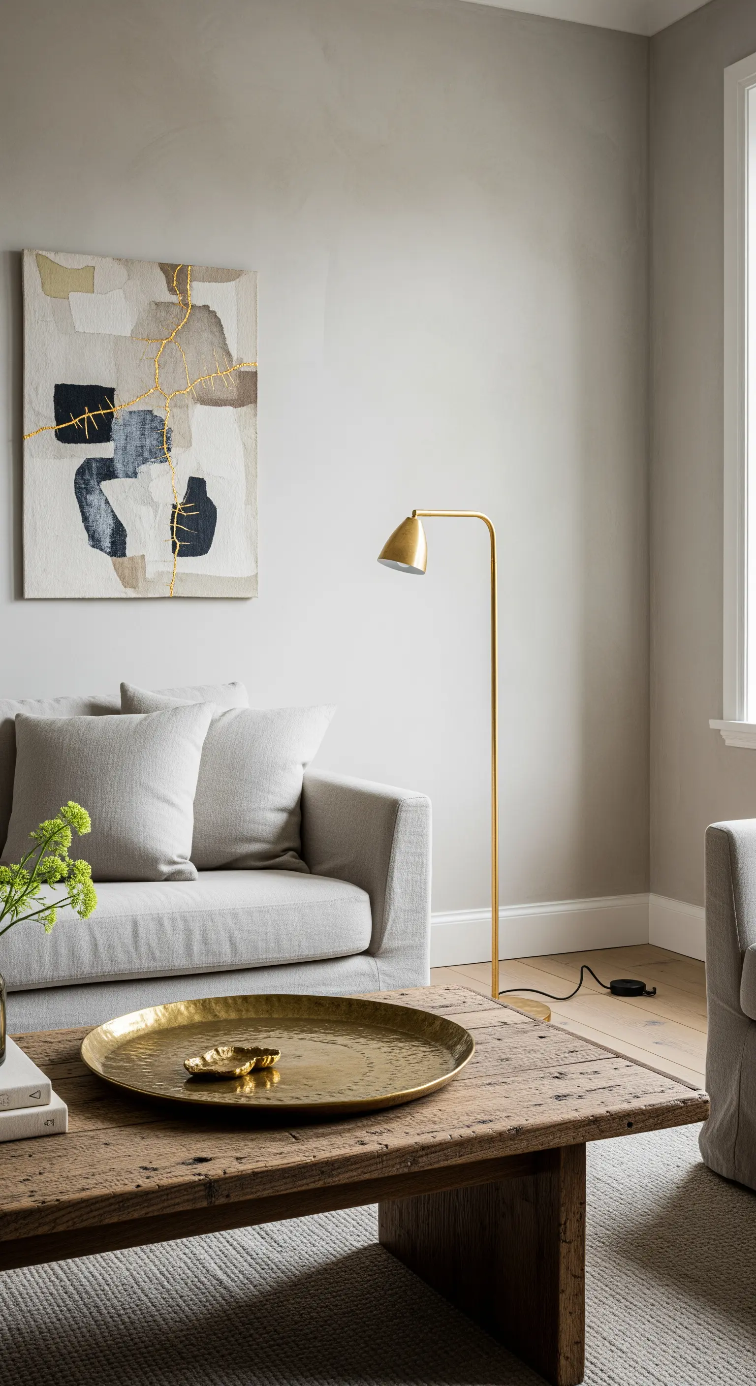 Wabi-Sabi-Wohnzimmer mit einem großen, matten Goldtablett auf einem rustikalen Holztisch.