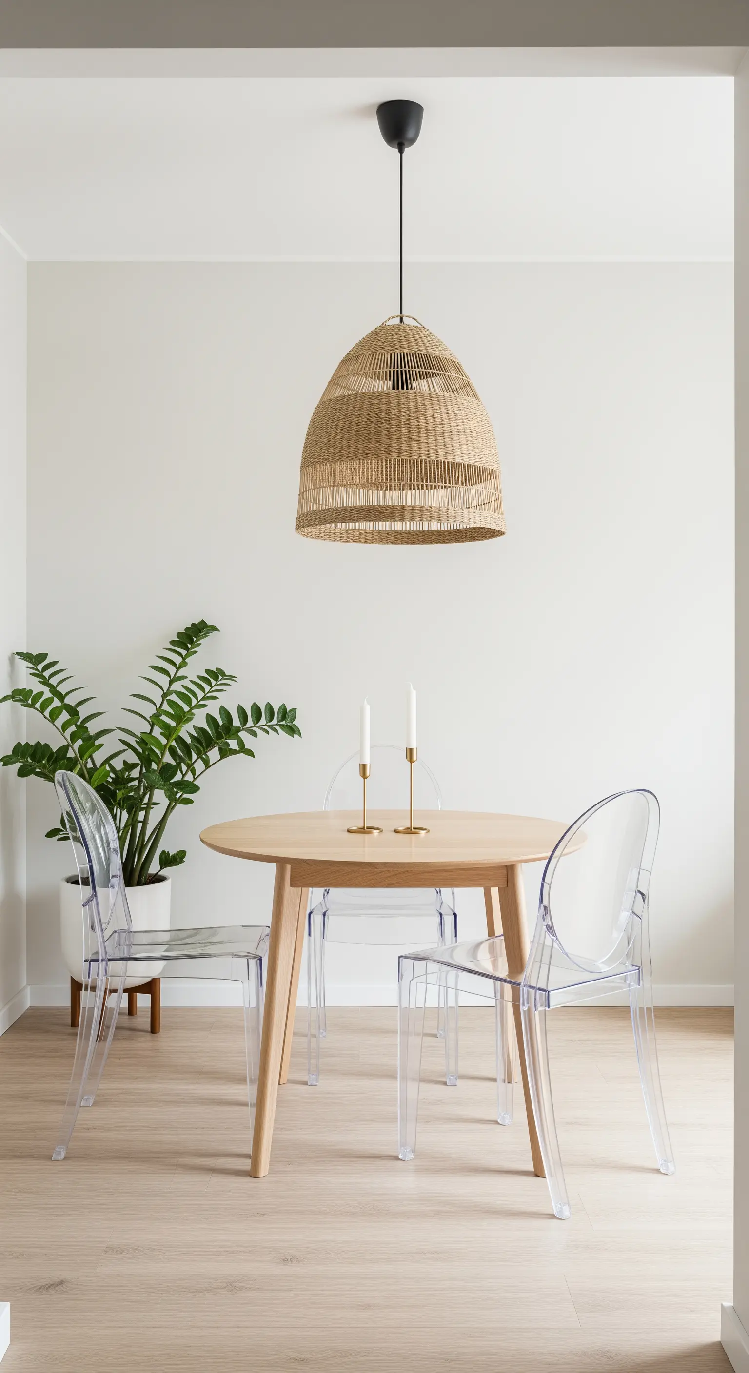 Moderner Essbereich mit einem Holztisch, einer Rattanlampe und transparenten Acrylstühlen.