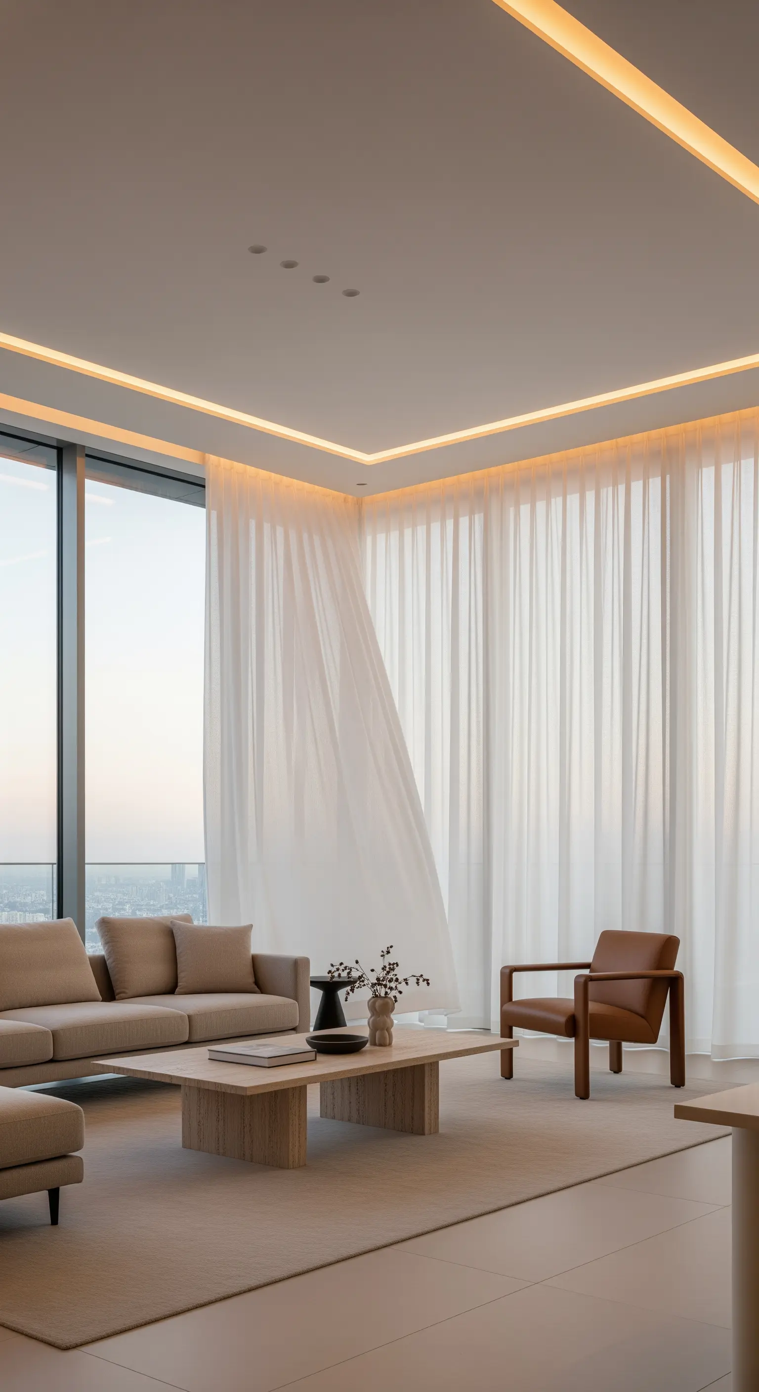 Modernes Wohnzimmer mit wandhohen, transparenten Vorhängen und indirekter Deckenbeleuchtung.