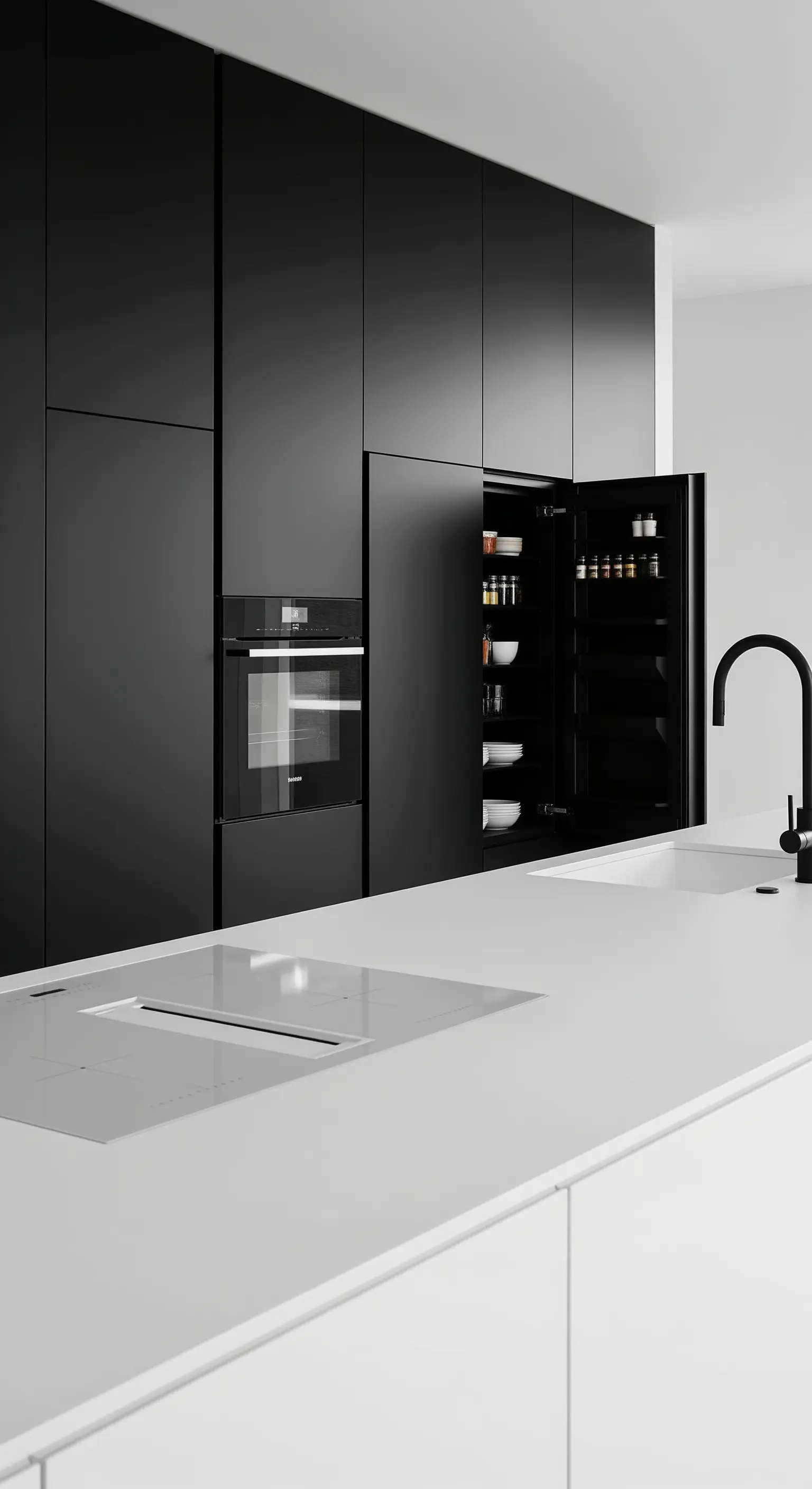 Matte schwarze, grifflose Küchenschränke mit integrierter Vorratskammer.