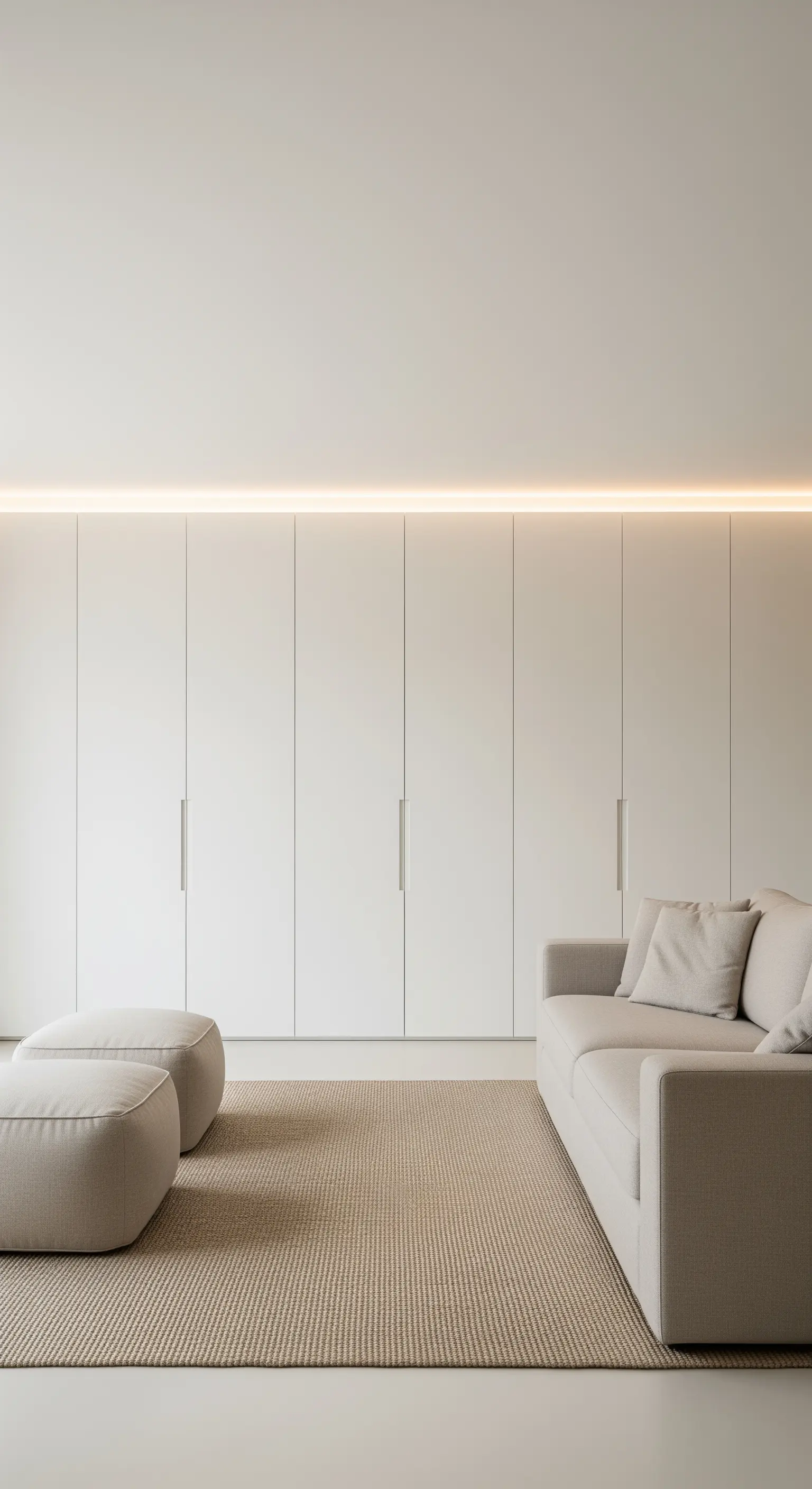 Minimalistisches Wohnzimmer mit einer weißen, grifflosen Schrankwand und indirekter LED-Beleuchtung.
