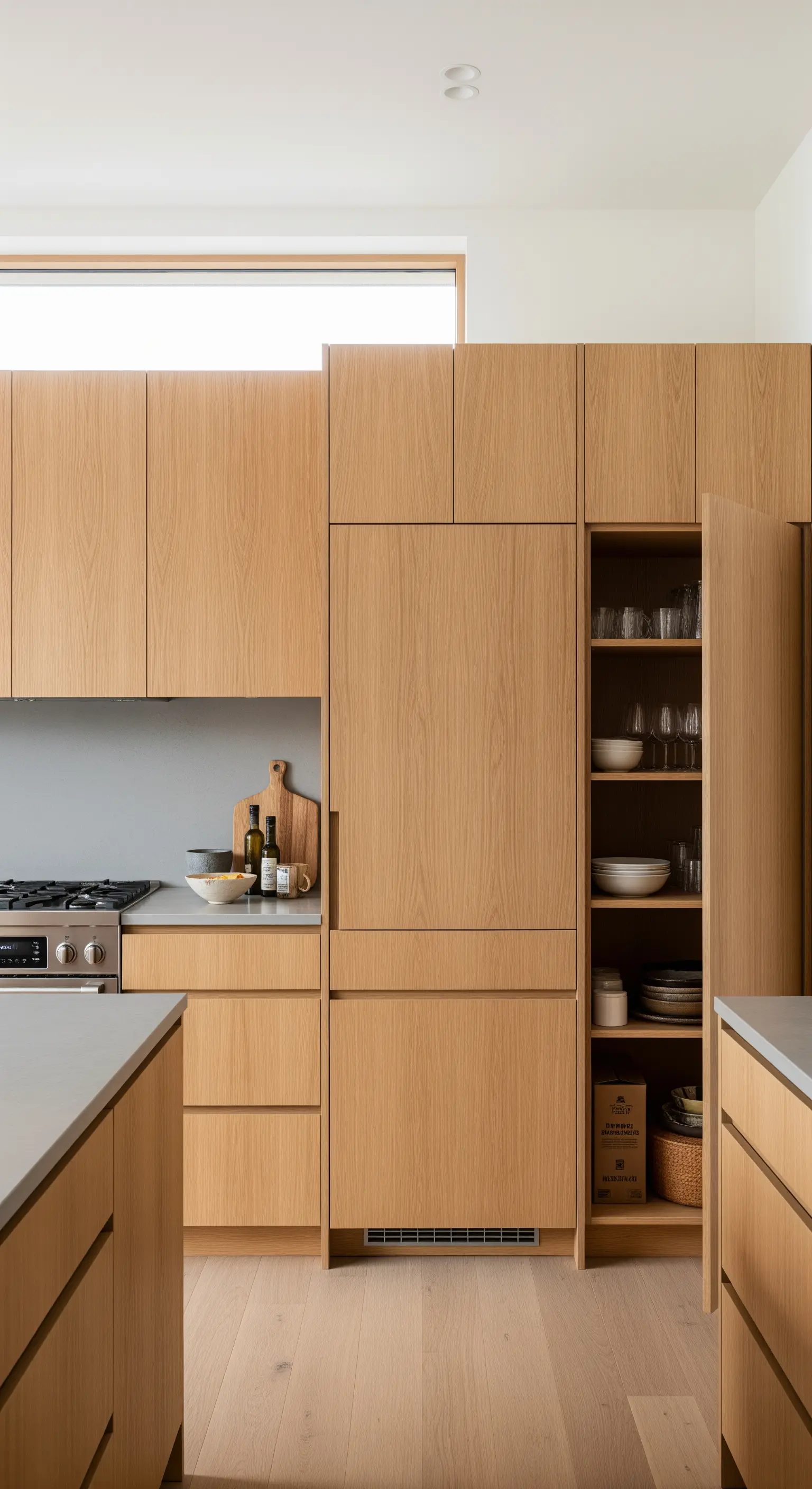 Minimalistische Küche mit deckenhohen Holzschränken und grauer Arbeitsplatte.