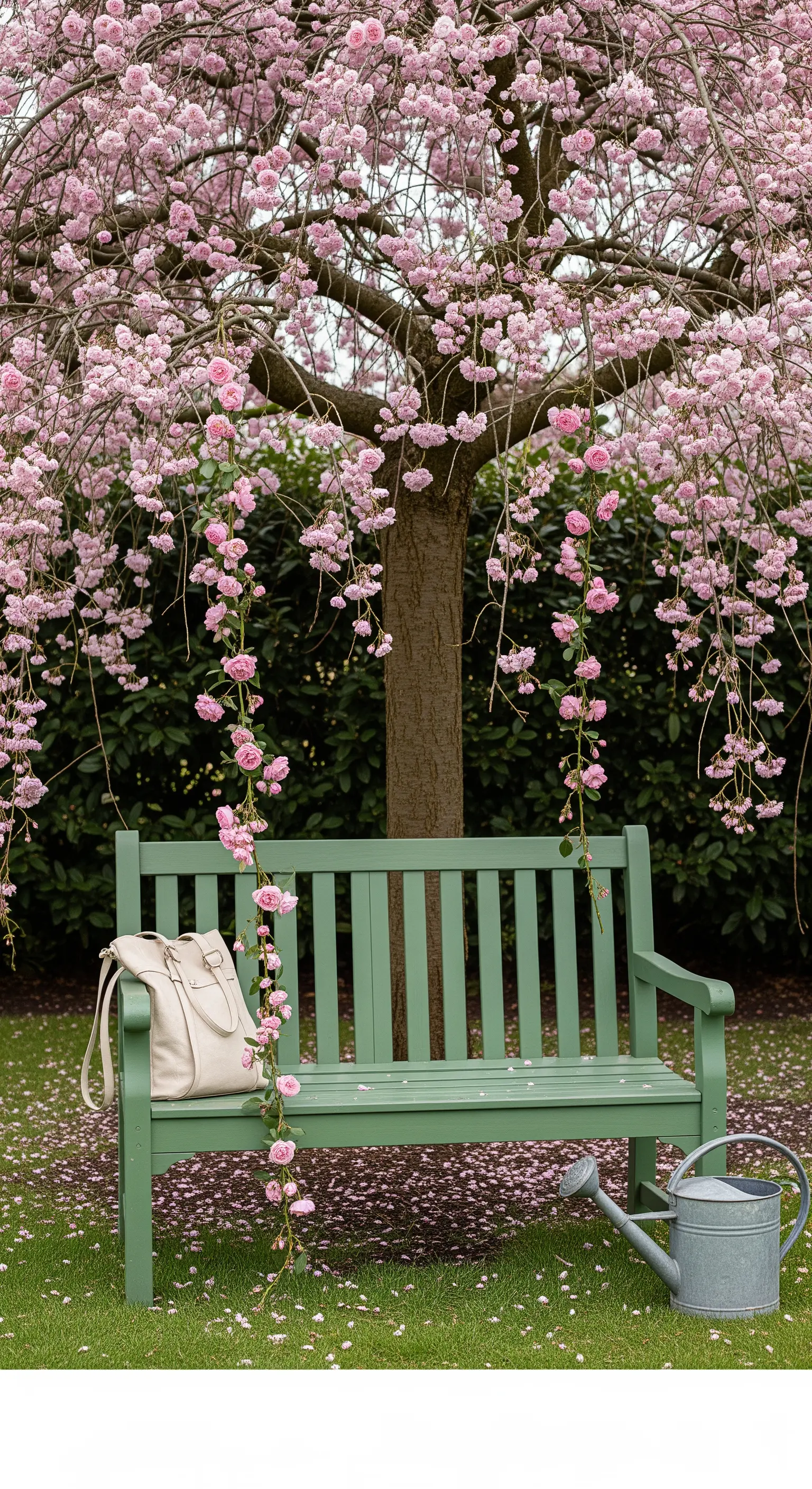 Grüne Holzbank unter einem Baum mit überhängenden rosa Blüten, bedeckt von Blütenblättern.