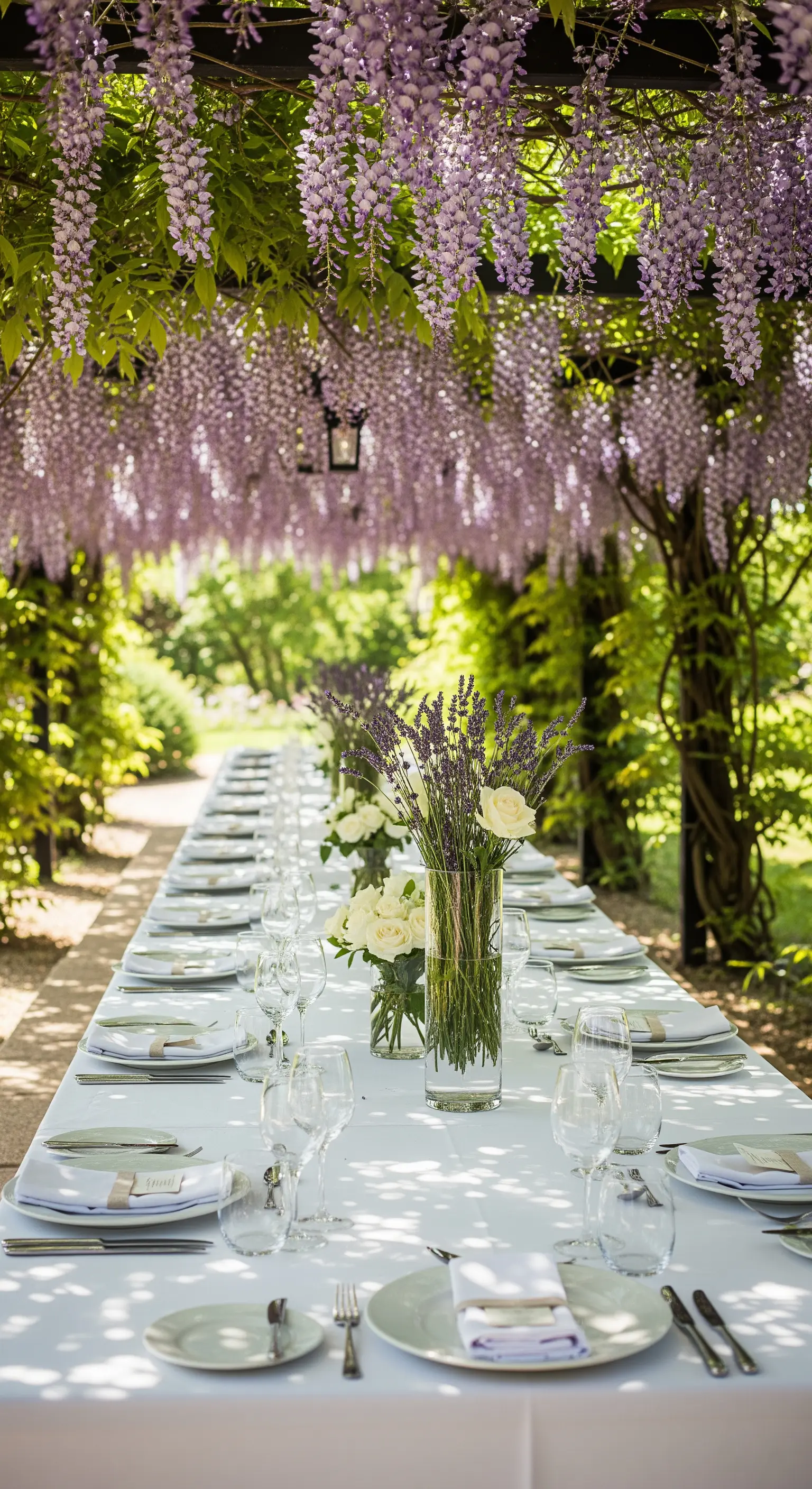 Lange weiße Tafel unter Glyzinien mit Lavendel und Rosen in hohen Glasvasen.