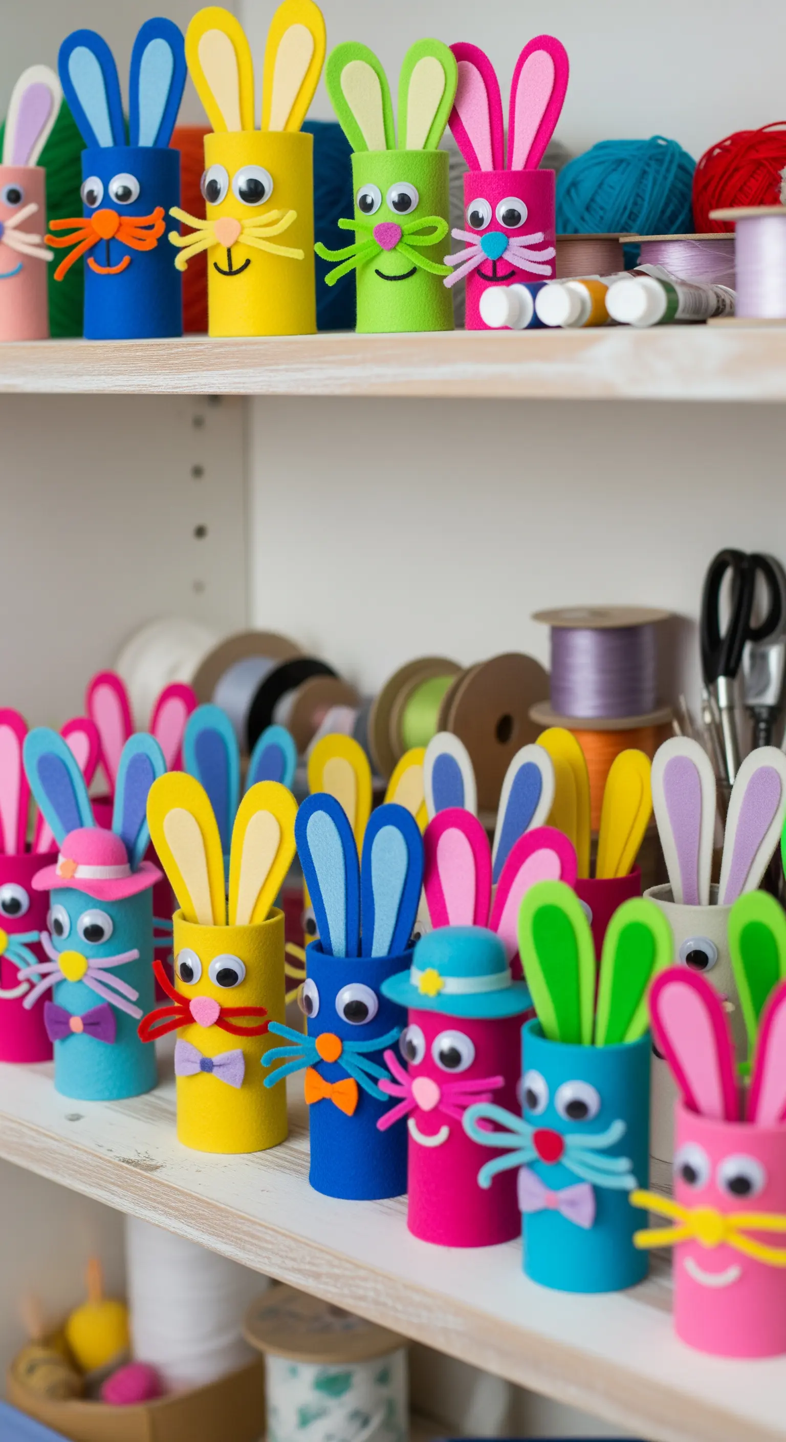 Bunte Hasen aus Toilettenpapierrollen auf einem Regal