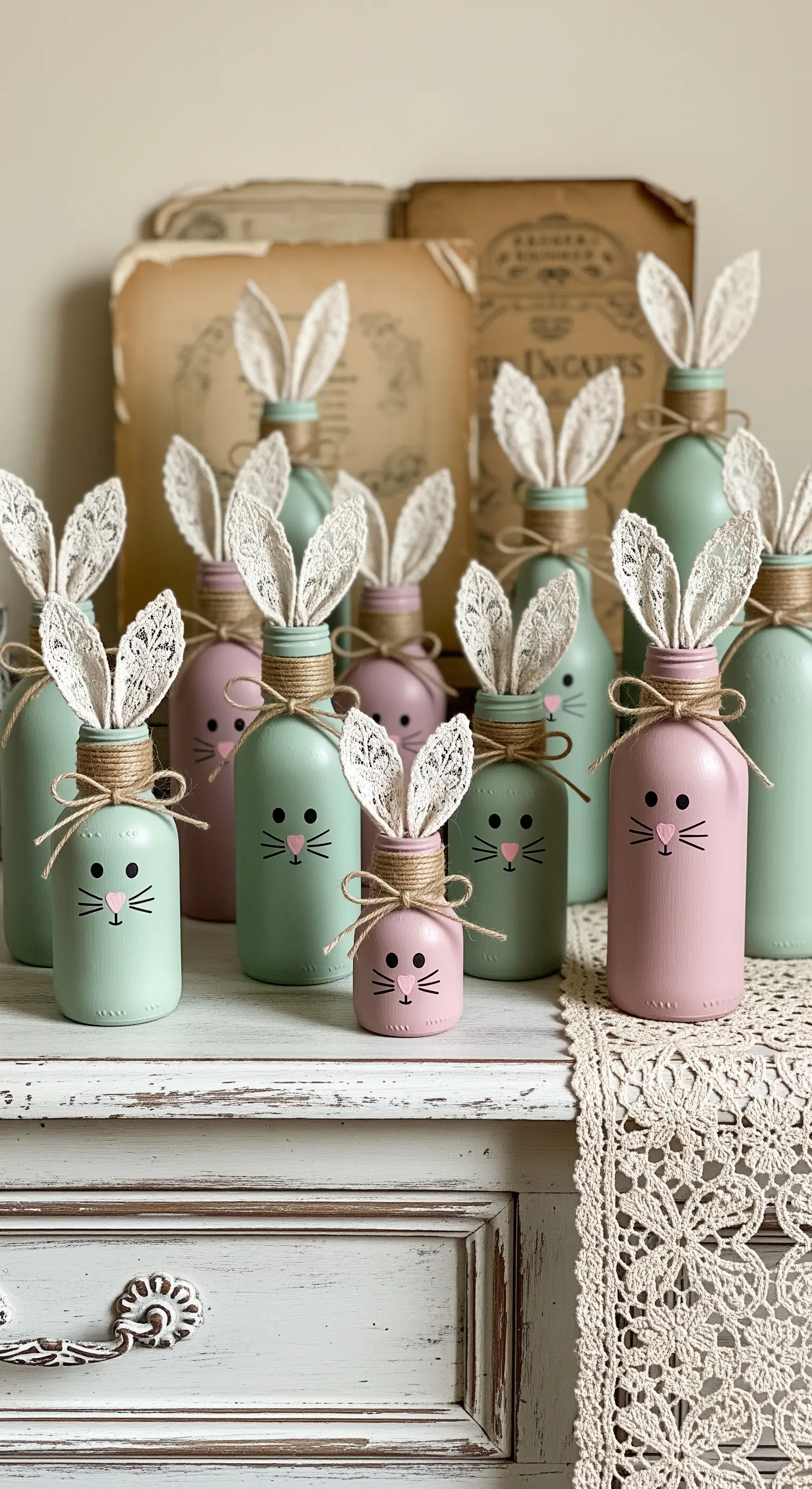 Bemalte Flaschen als Hasen mit Spitzenohren und Bastschleifen
