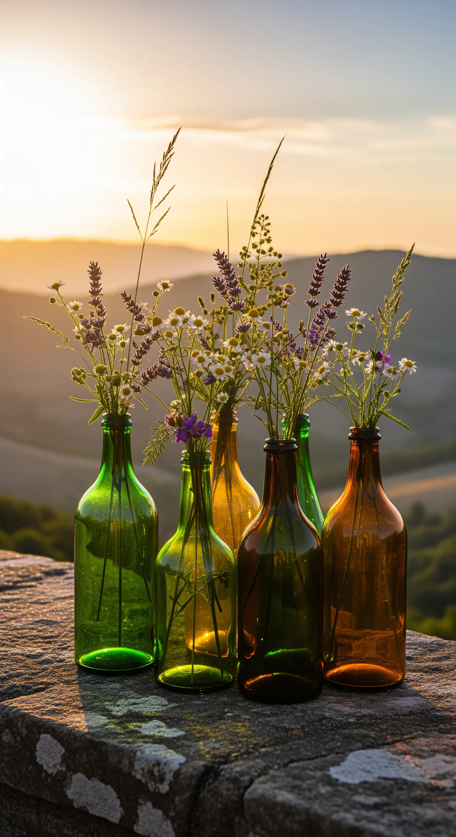 Farbige Glasflaschen mit Wildblumen auf Steinmauer bei Sonnenuntergang