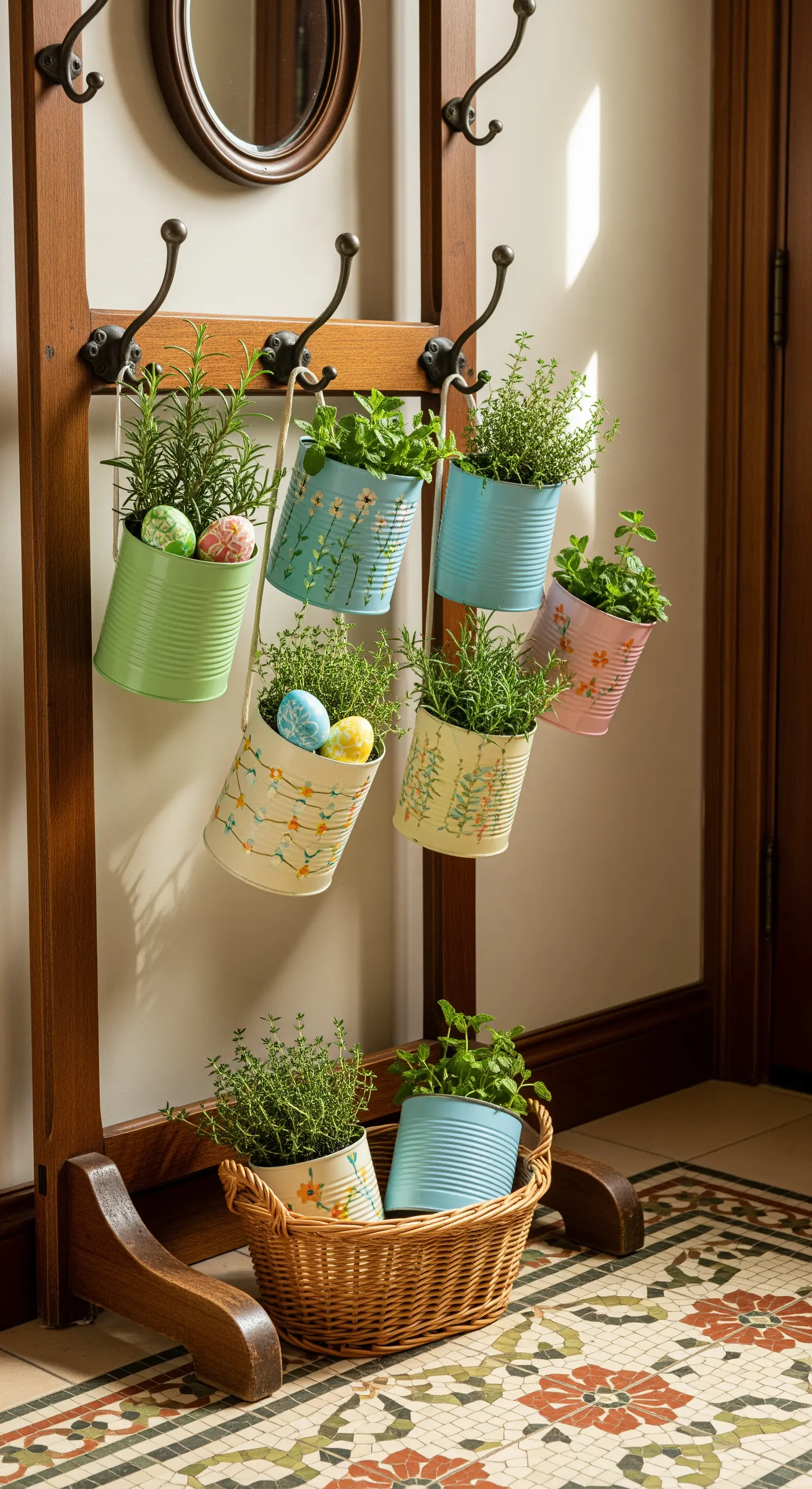 Upcycling Blechdosen als Hängetöpfe mit Kräutern und Ostereiern