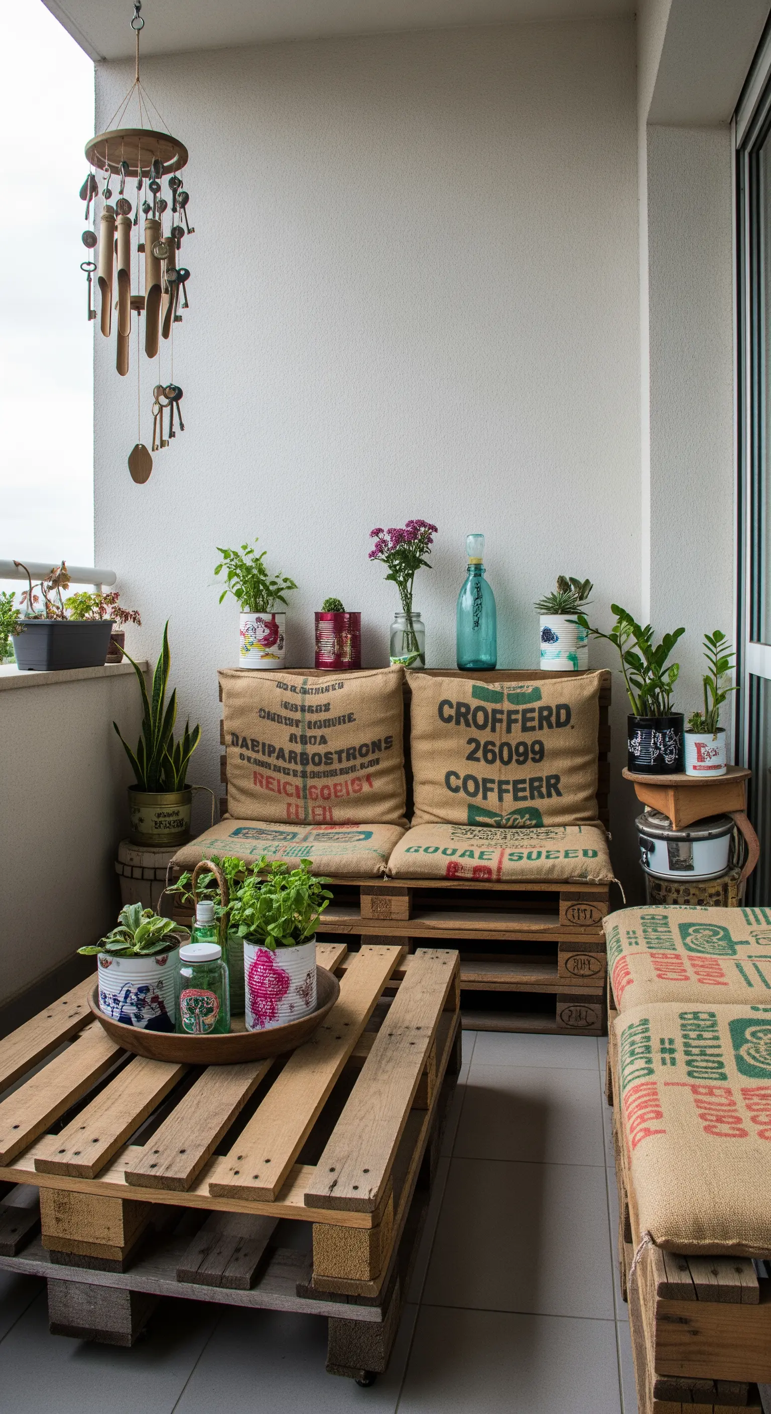 DIY-Balkonmöbel aus Holzpaletten, deren Polster mit bedruckten Jutesäcken bezogen sind.