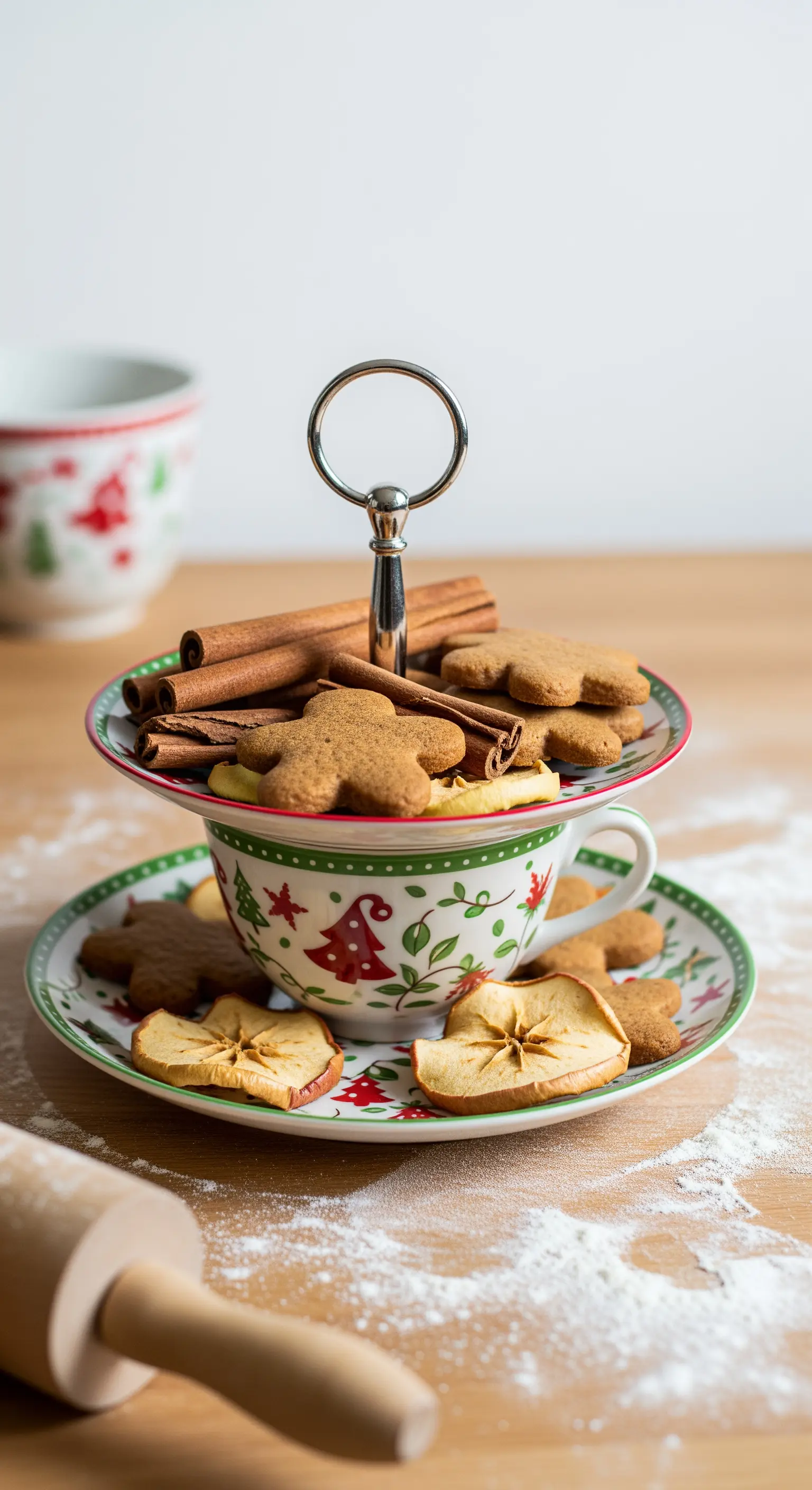 DIY-Etagere aus einer Weihnachtstasse und Untertasse mit Gebäck.