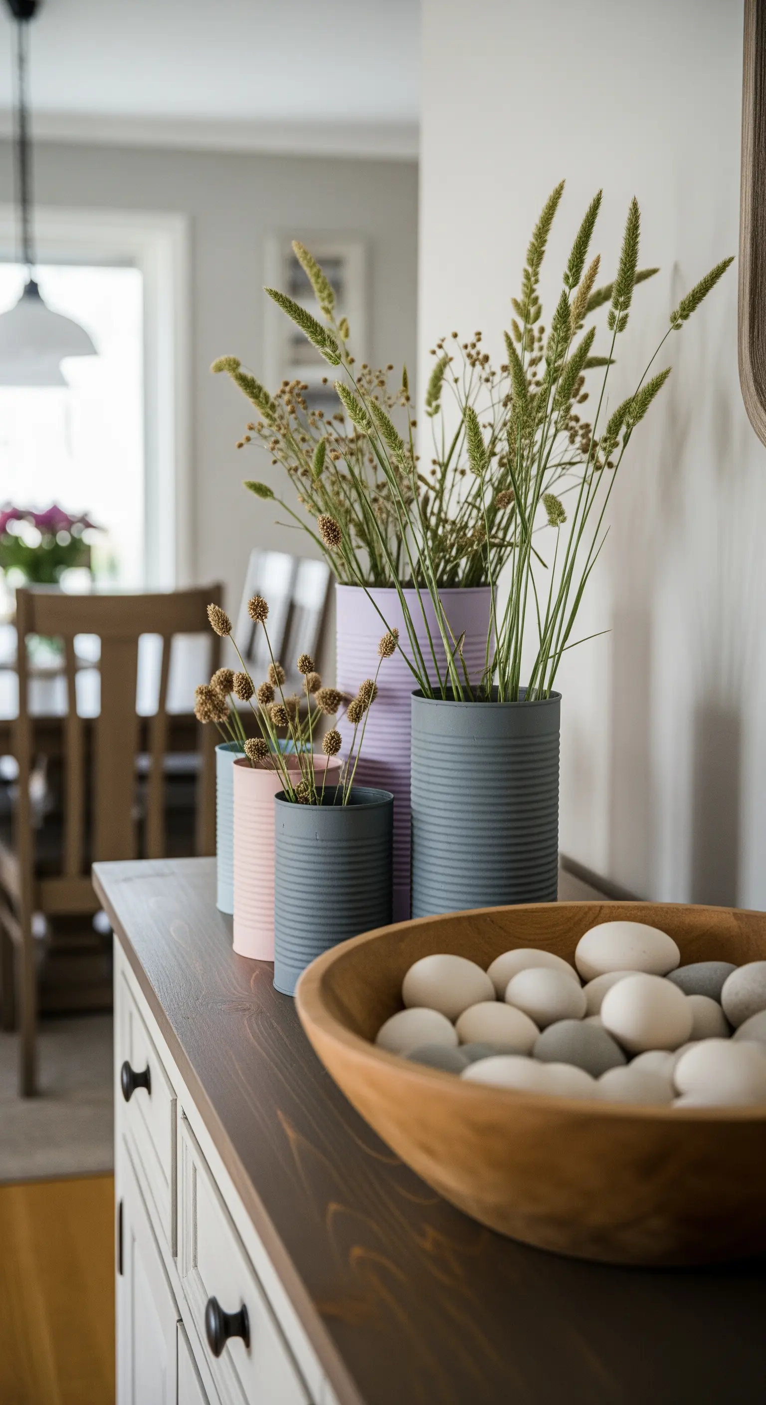 Upcycling-Vasen aus bemalten Dosen mit Gräsern und Holzschale mit Eiern