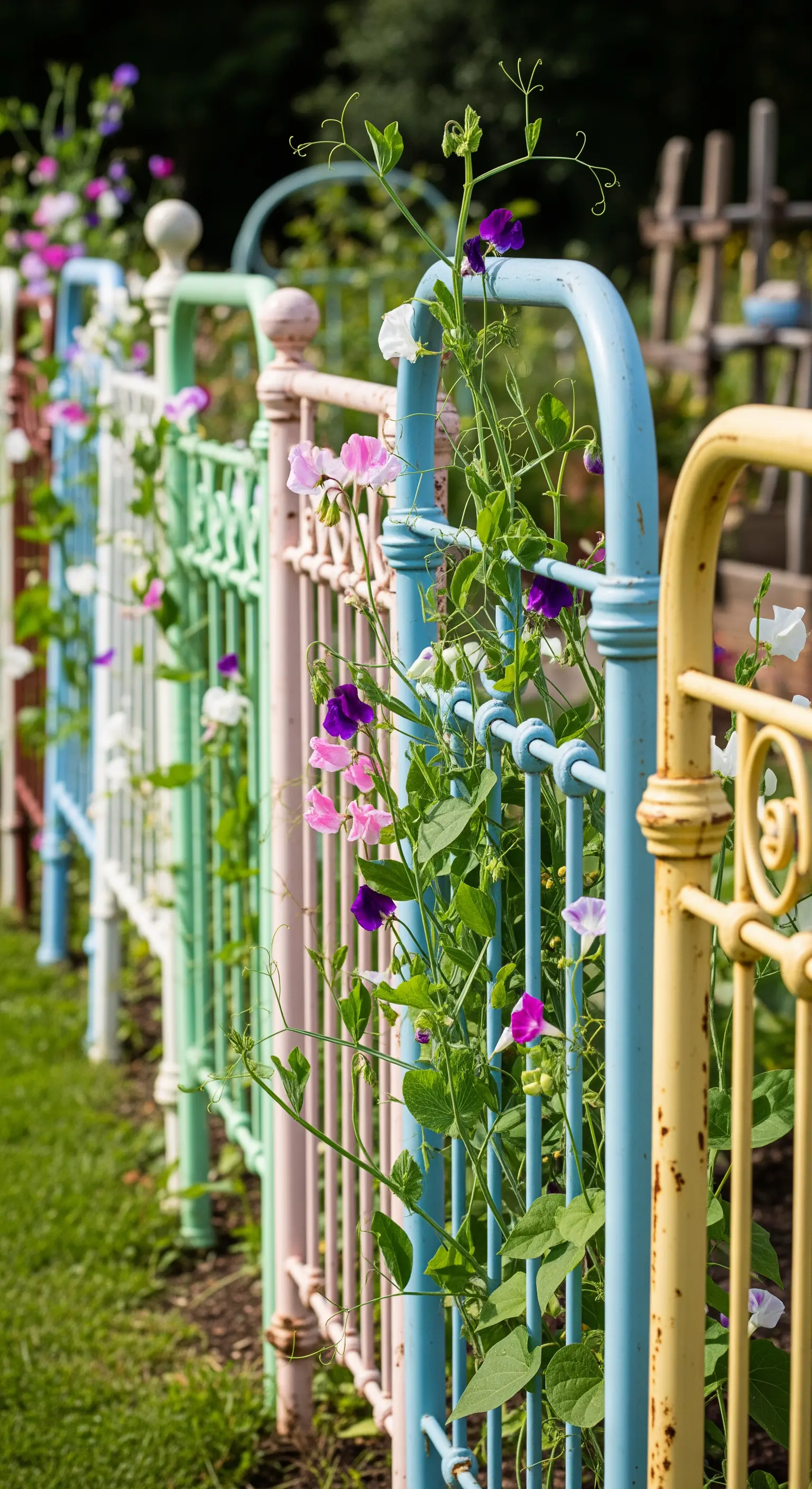 Zaun aus bunten, upcycelten Metallbettgestellen mit Wicken